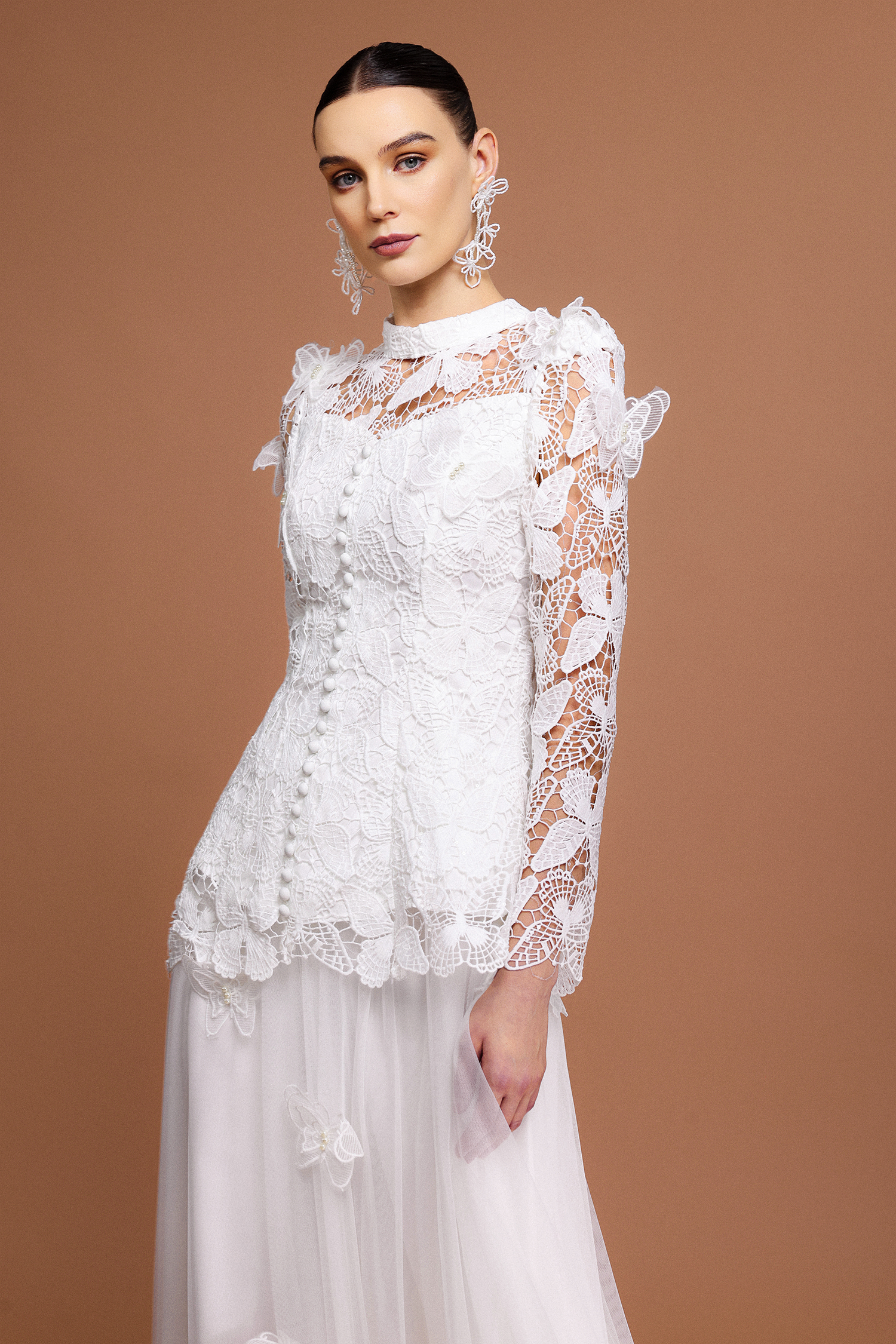Starsha Long Sleeve Folds Lace Butterfly Top And Skirt Two-Piece Set