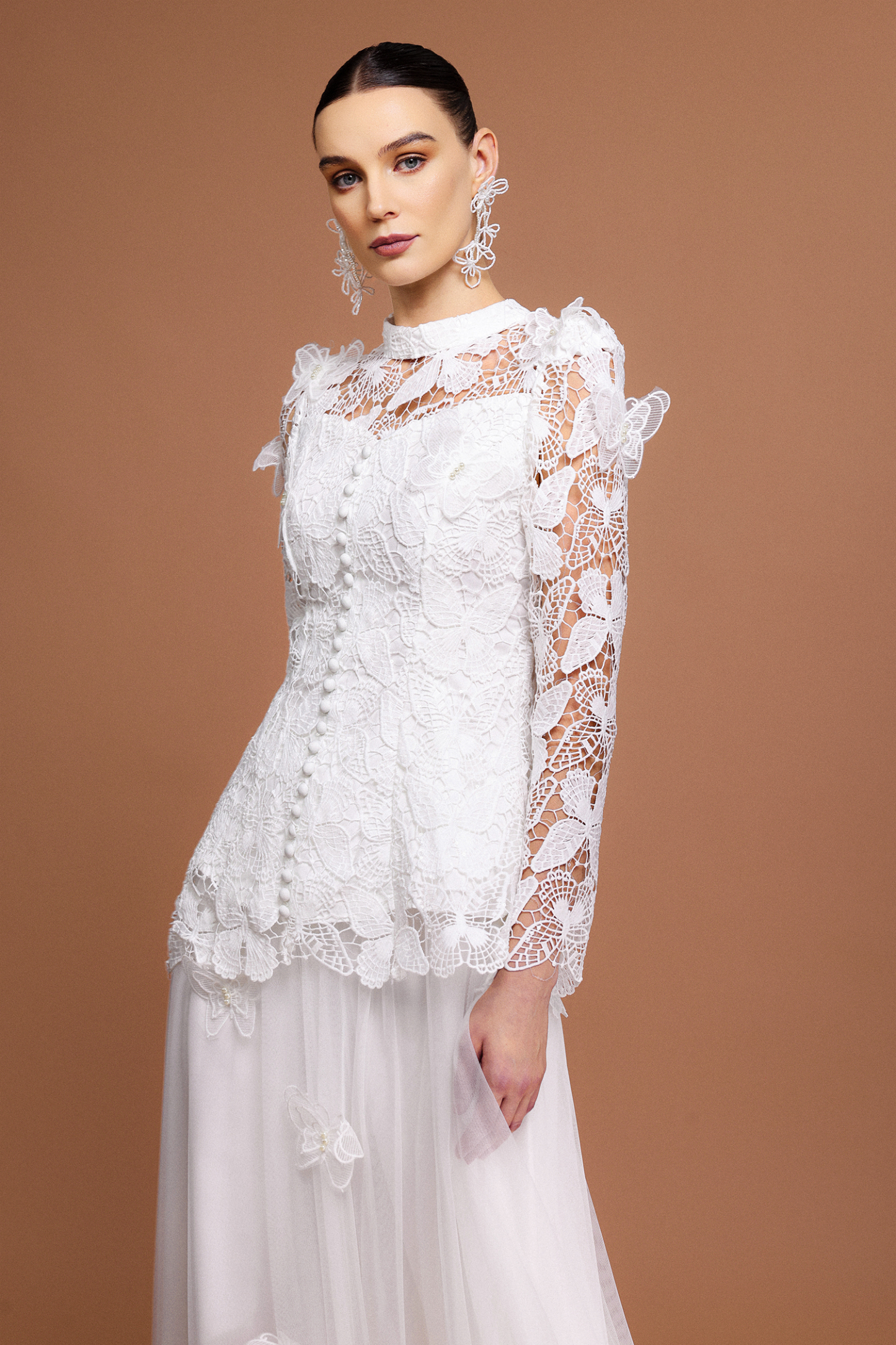 Starsha Long Sleeve Folds Lace Butterfly Top And Skirt Two-Piece Set