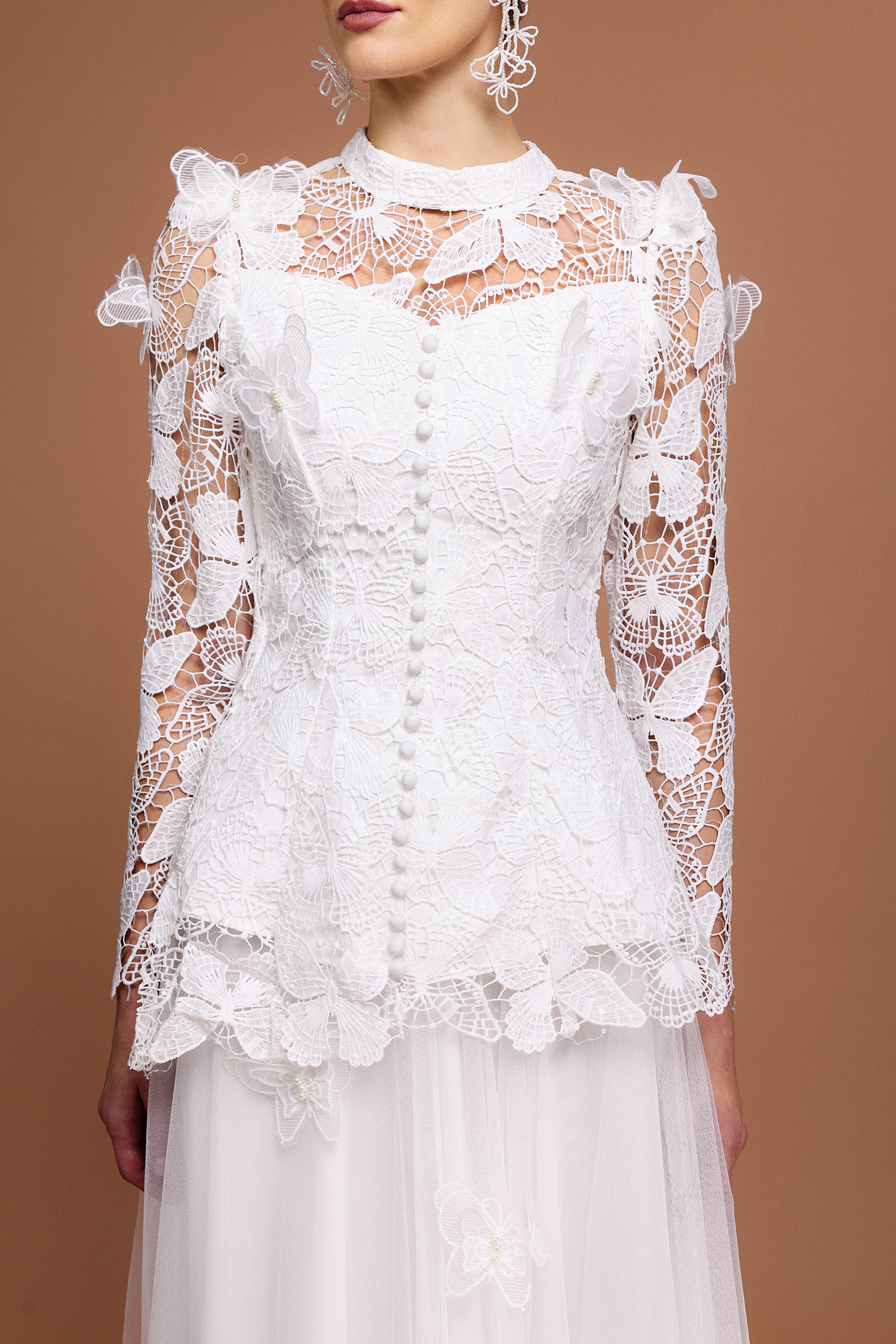 Starsha Long Sleeve Folds Lace Butterfly Top And Skirt Two-Piece Set