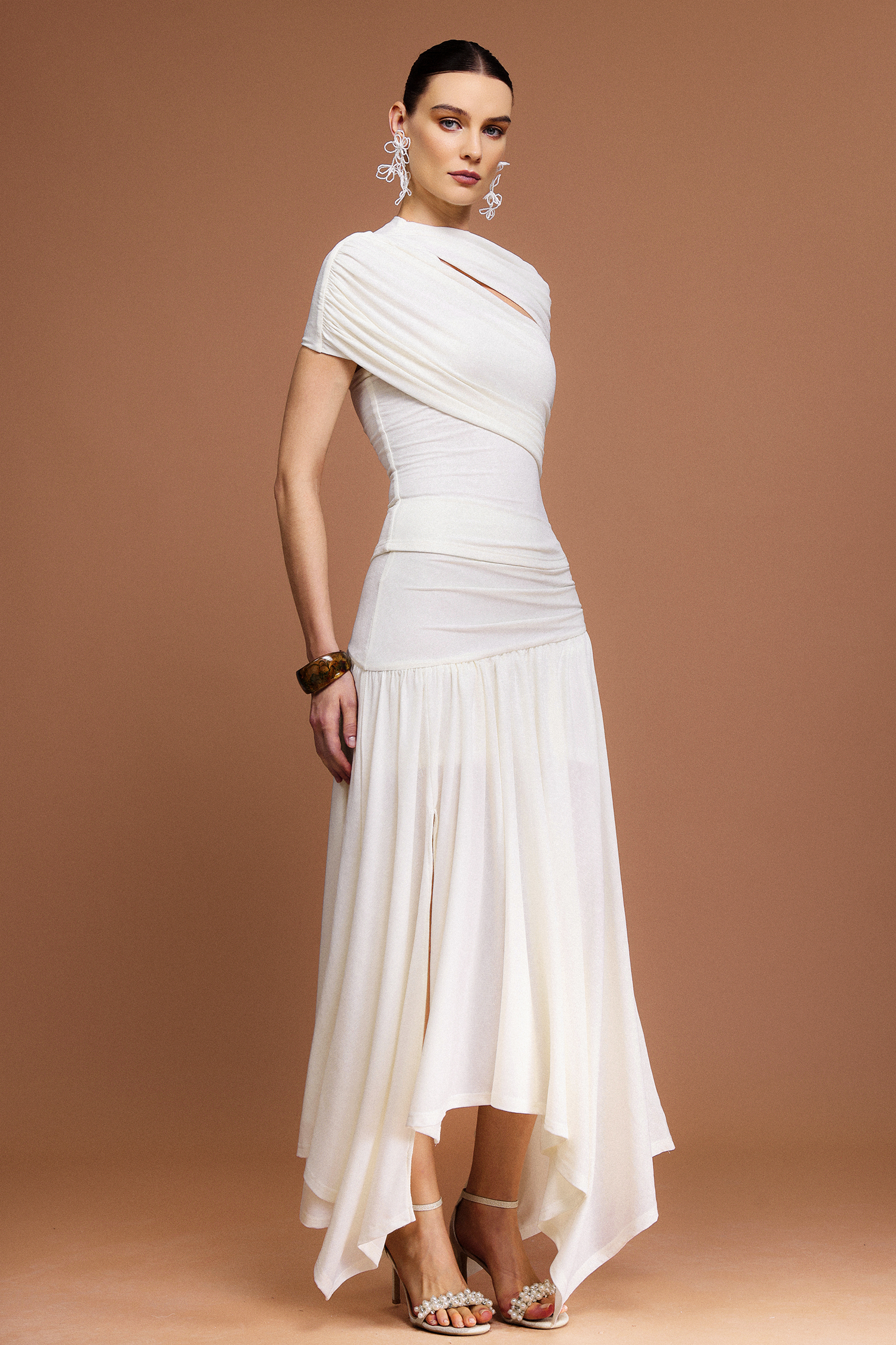 Fresco Short Sleeves Asymmetric Folds Top And Skirt Two-Piece Set