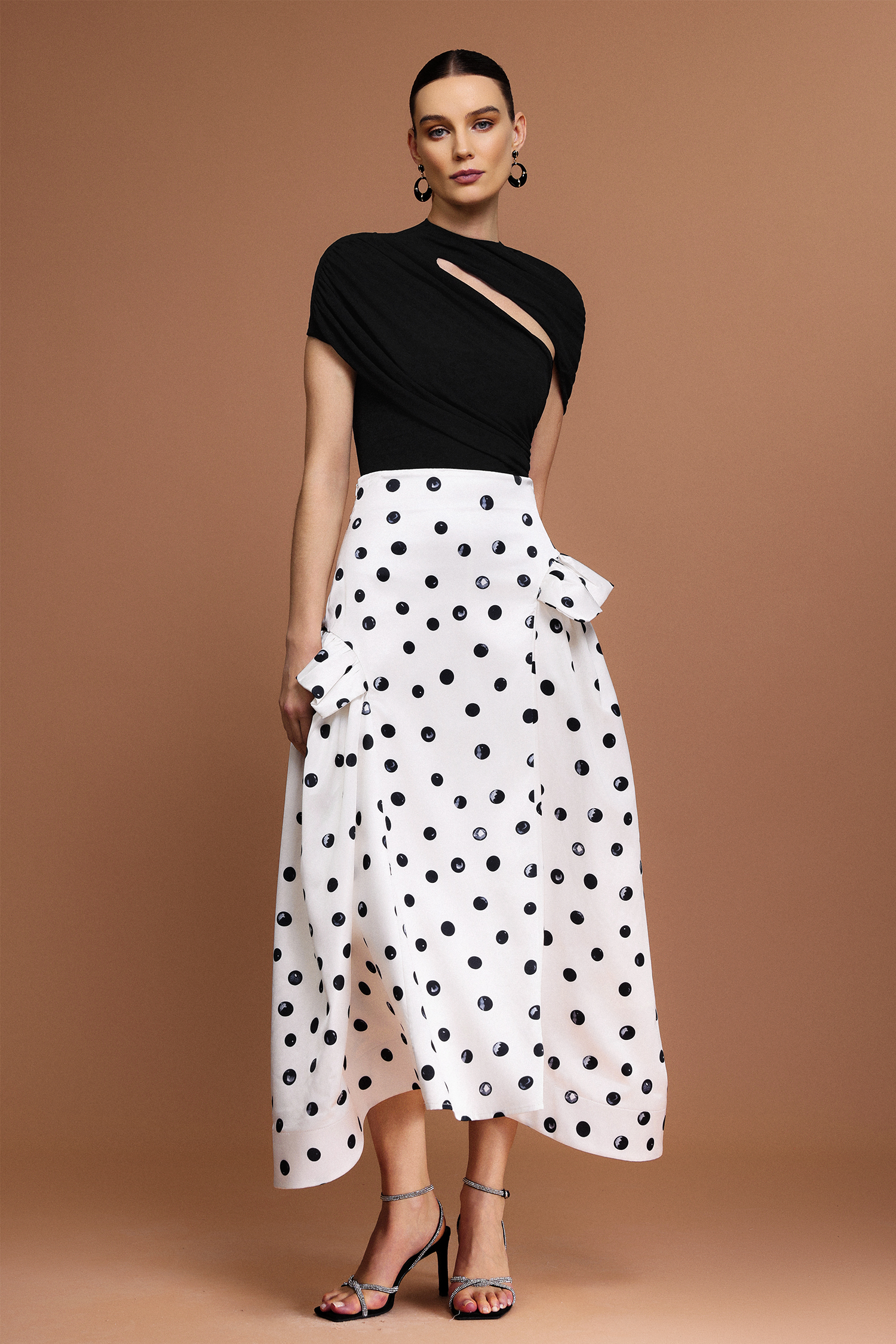 Zalea Dot Printed Asymmetric Folds Maxi Skirt