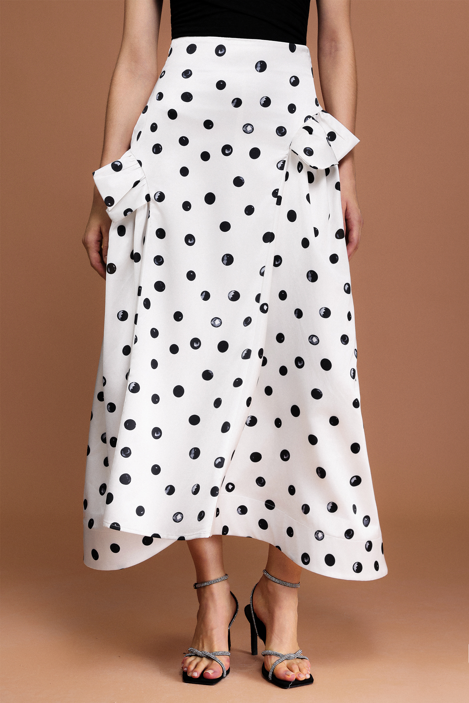 Zalea Dot Printed Asymmetric Folds Maxi Skirt