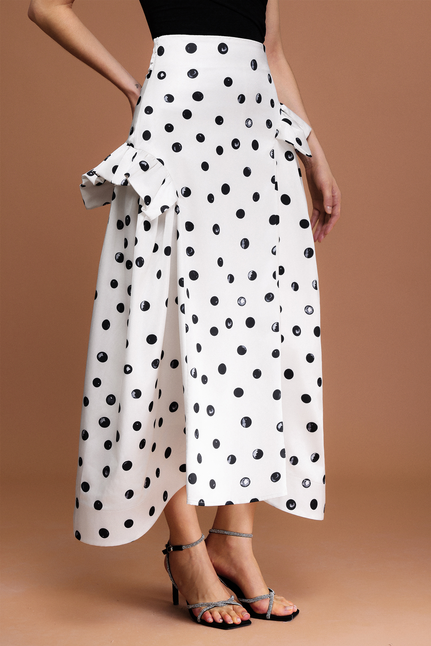 Zalea Dot Printed Asymmetric Folds Maxi Skirt