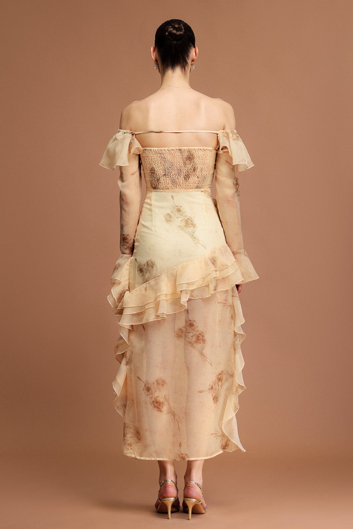 Lucretia Off-The-Shoulder Long Sleeves Printed Folds Asymmetric Midi Dress