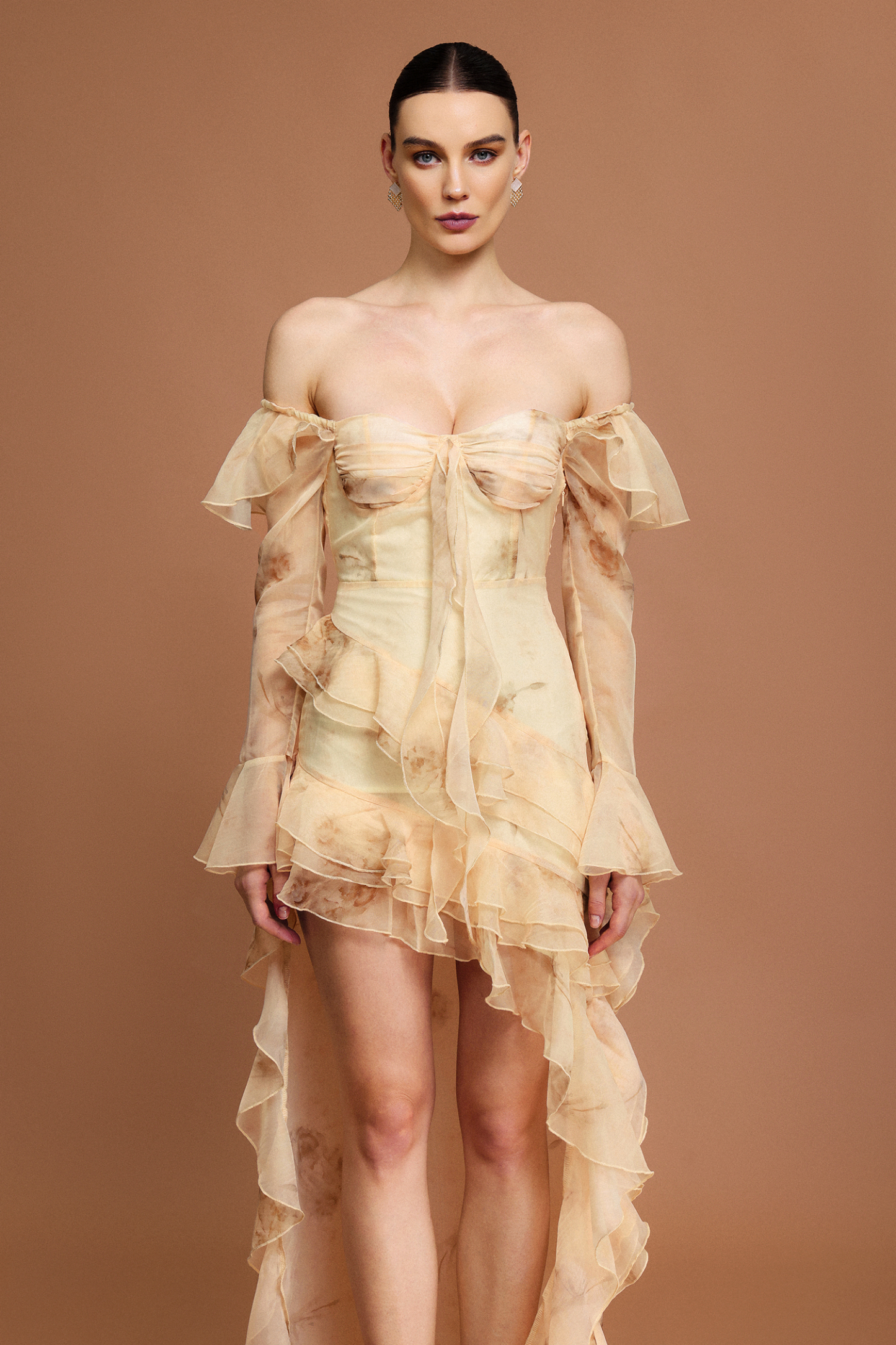 Lucretia Off-The-Shoulder Long Sleeves Printed Folds Asymmetric Midi Dress