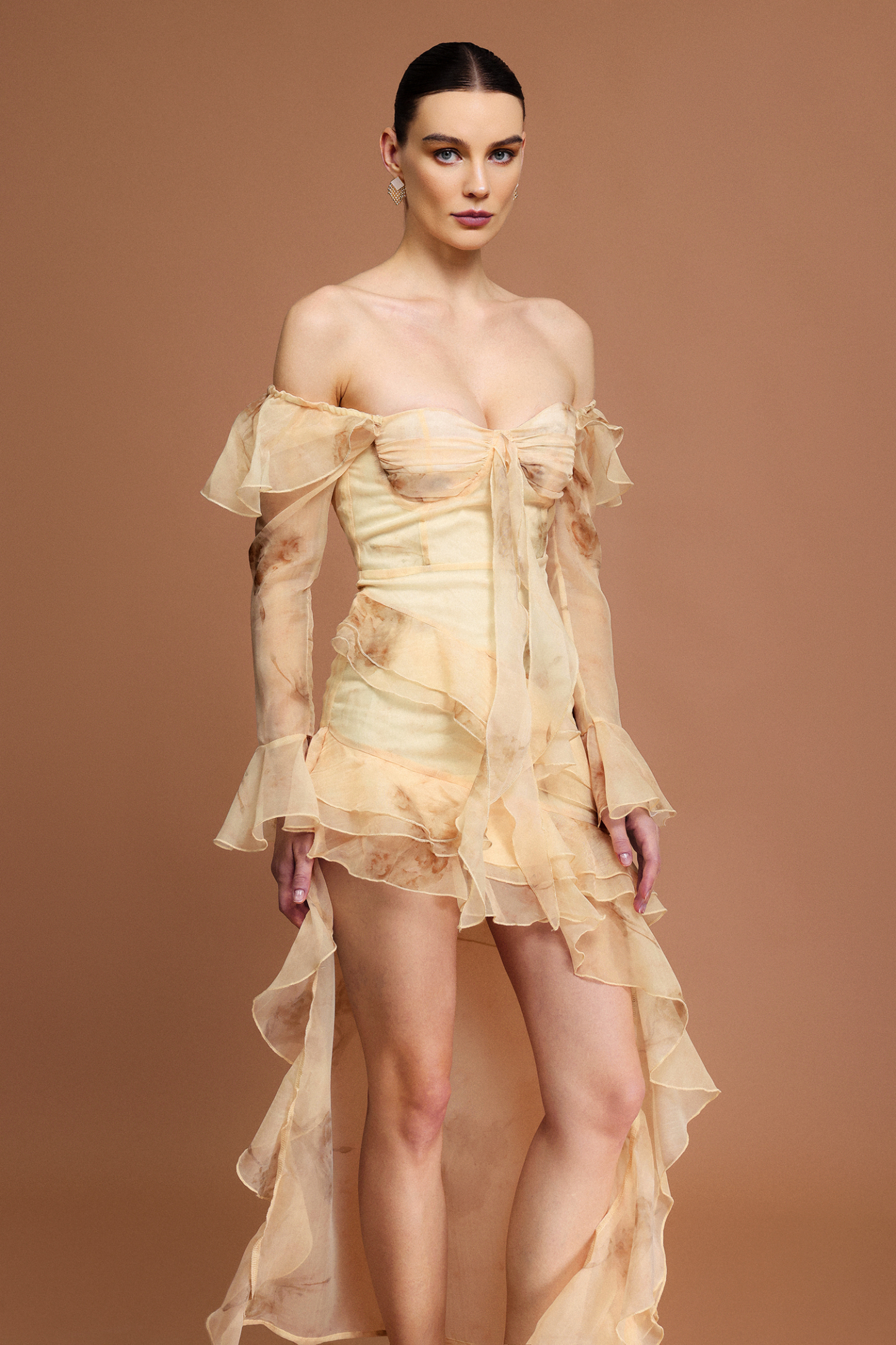 Lucretia Off-The-Shoulder Long Sleeves Printed Folds Asymmetric Midi Dress