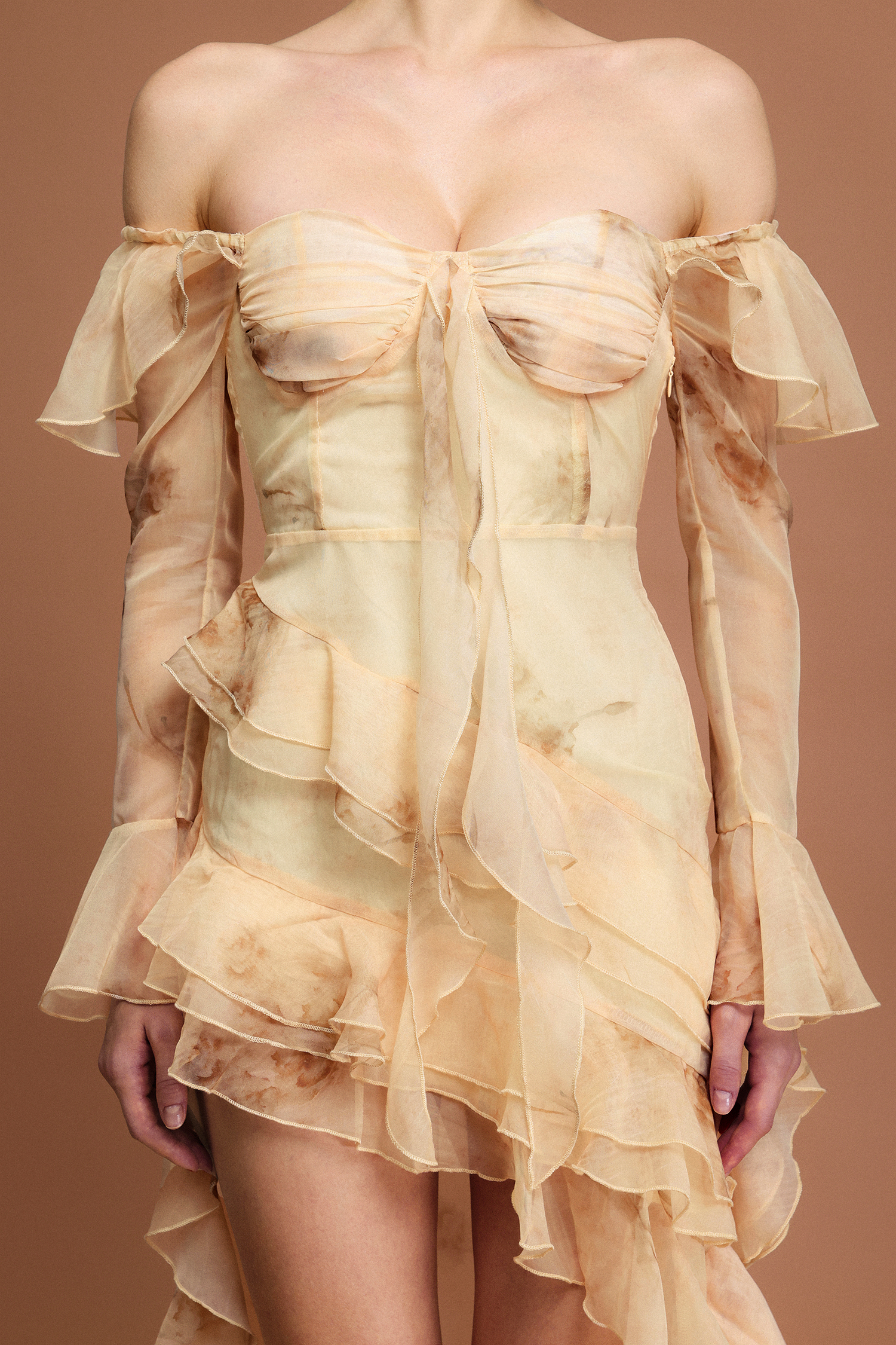 Lucretia Off-The-Shoulder Long Sleeves Printed Folds Asymmetric Midi Dress