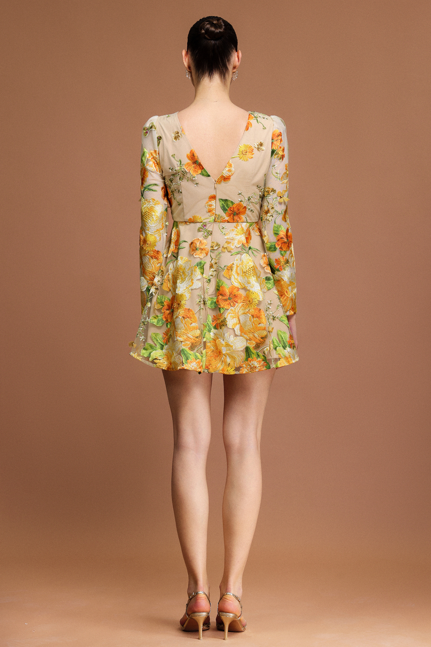 Maruja Round Neck Long Sleeves Flowers Mini Dress