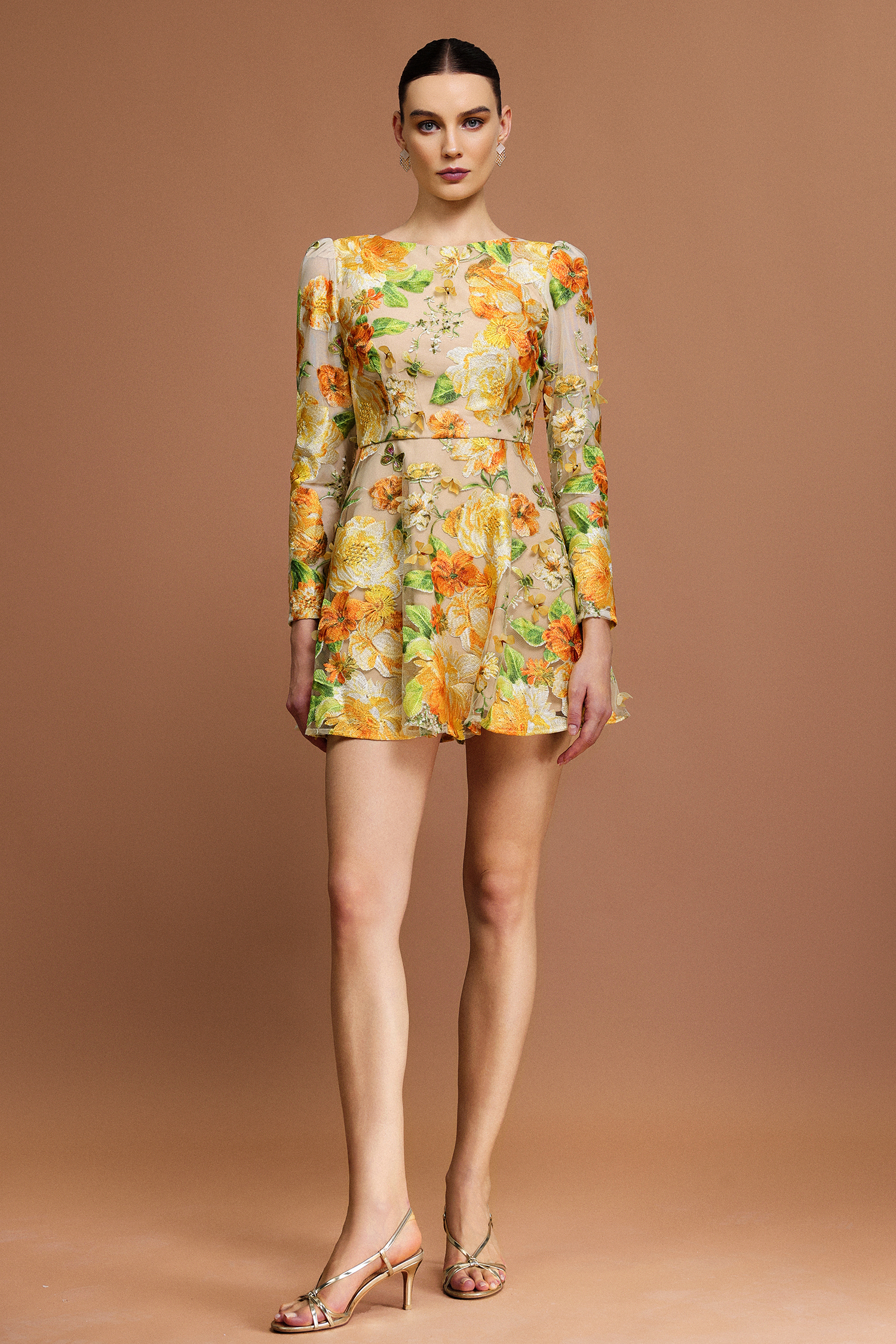Maruja Round Neck Long Sleeves Flowers Mini Dress