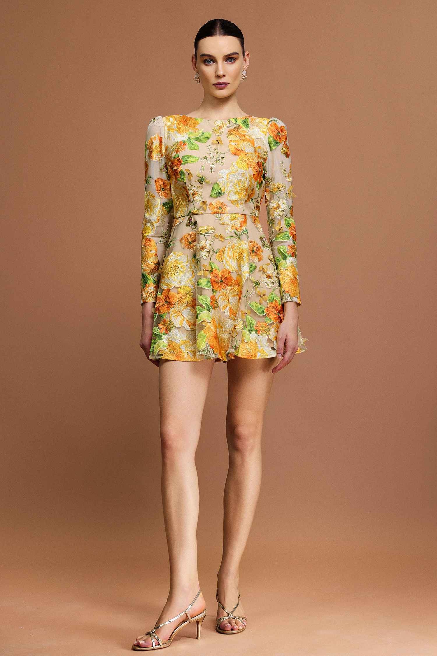 Maruja Round Neck Long Sleeves Flowers Mini Dress