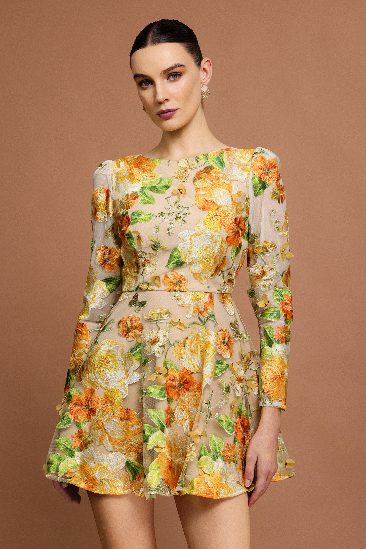 Maruja Round Neck Long Sleeves Flowers Mini Dress