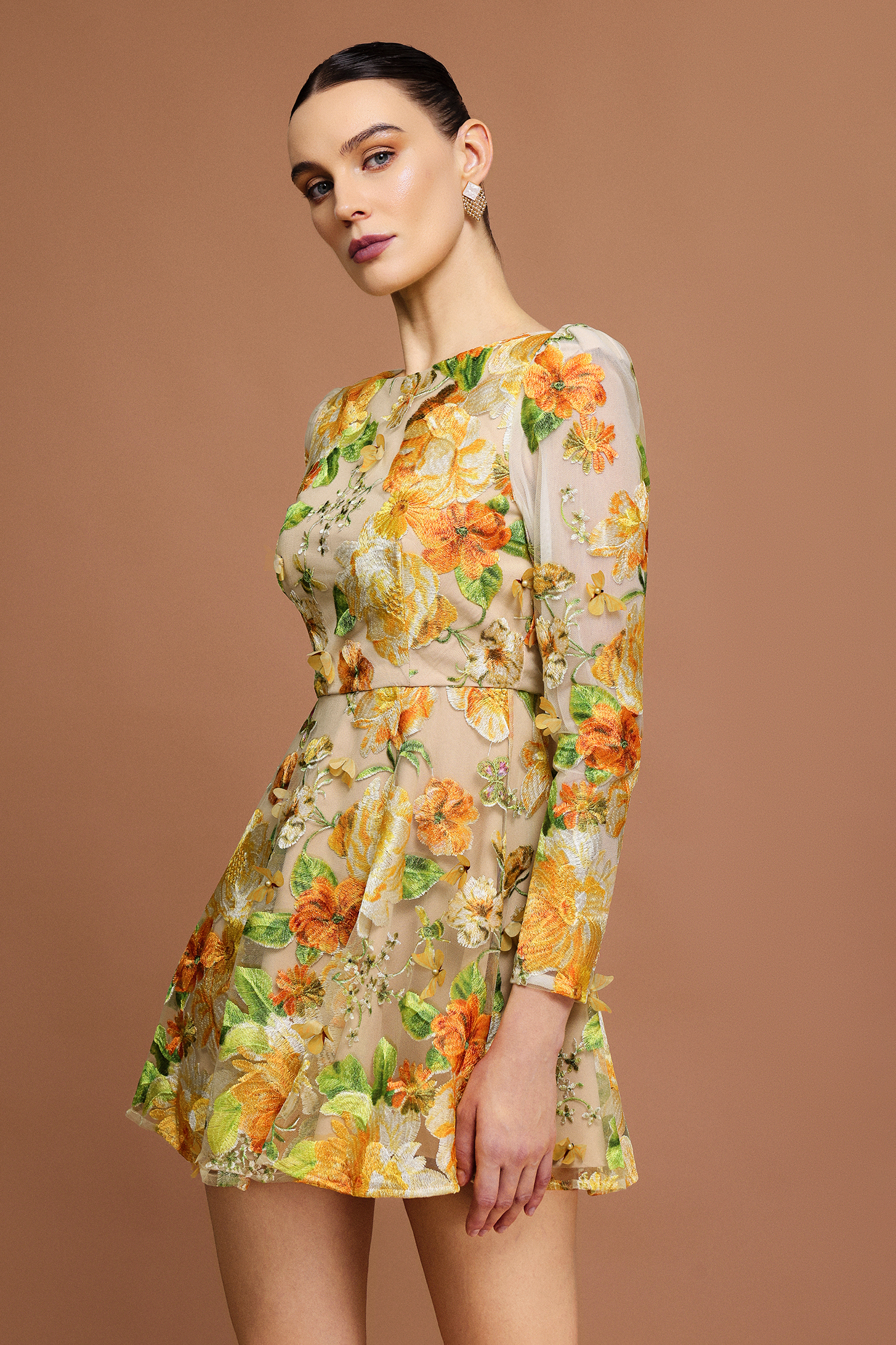 Maruja Round Neck Long Sleeves Flowers Mini Dress