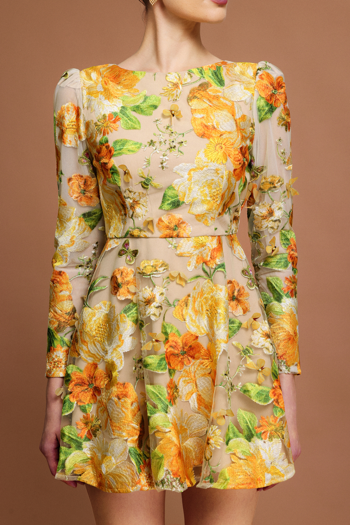 Maruja Round Neck Long Sleeves Flowers Mini Dress