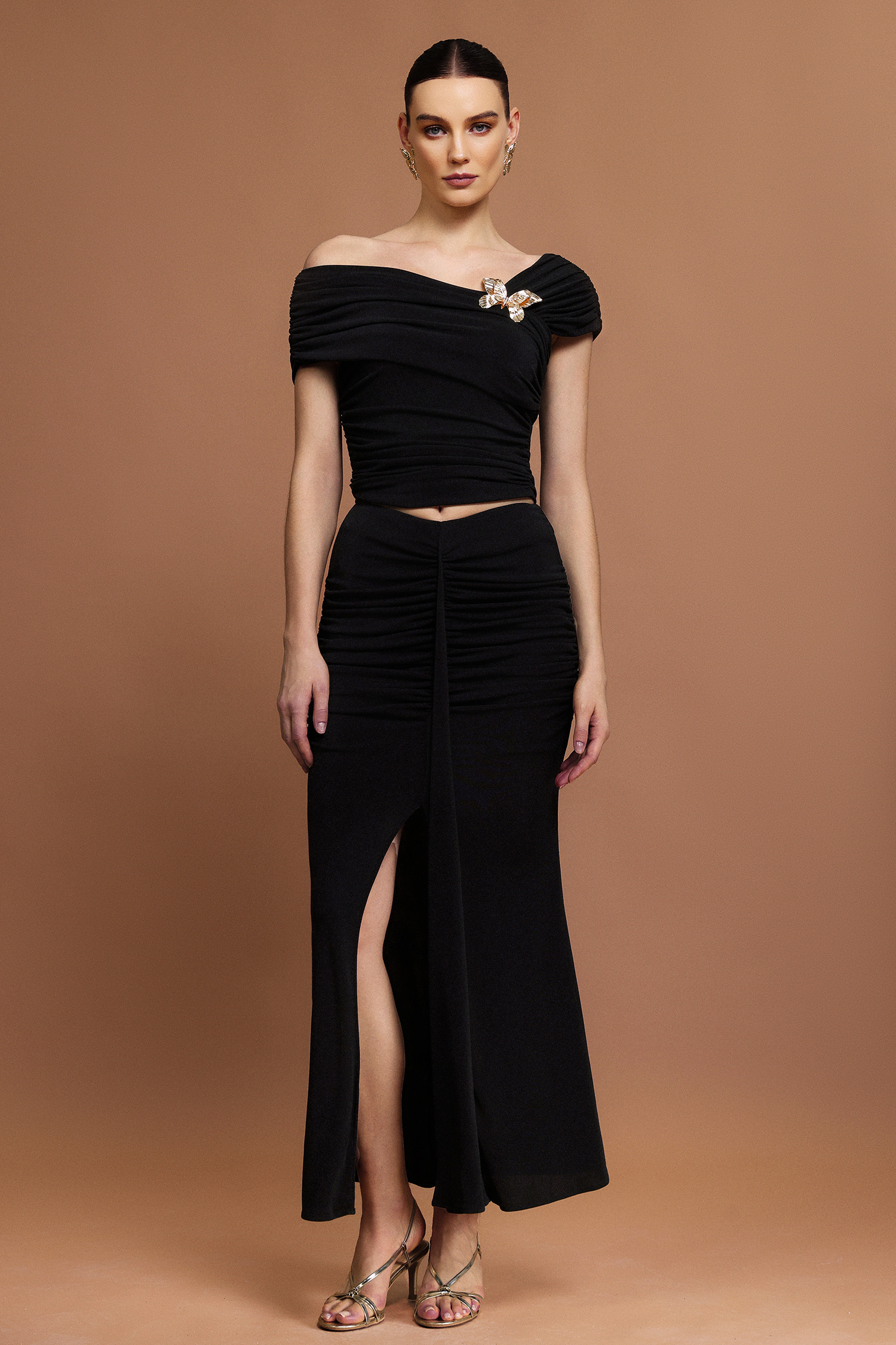 Tris Gold Butterfly Slit Folds Top And Skirt Two-Piece Set