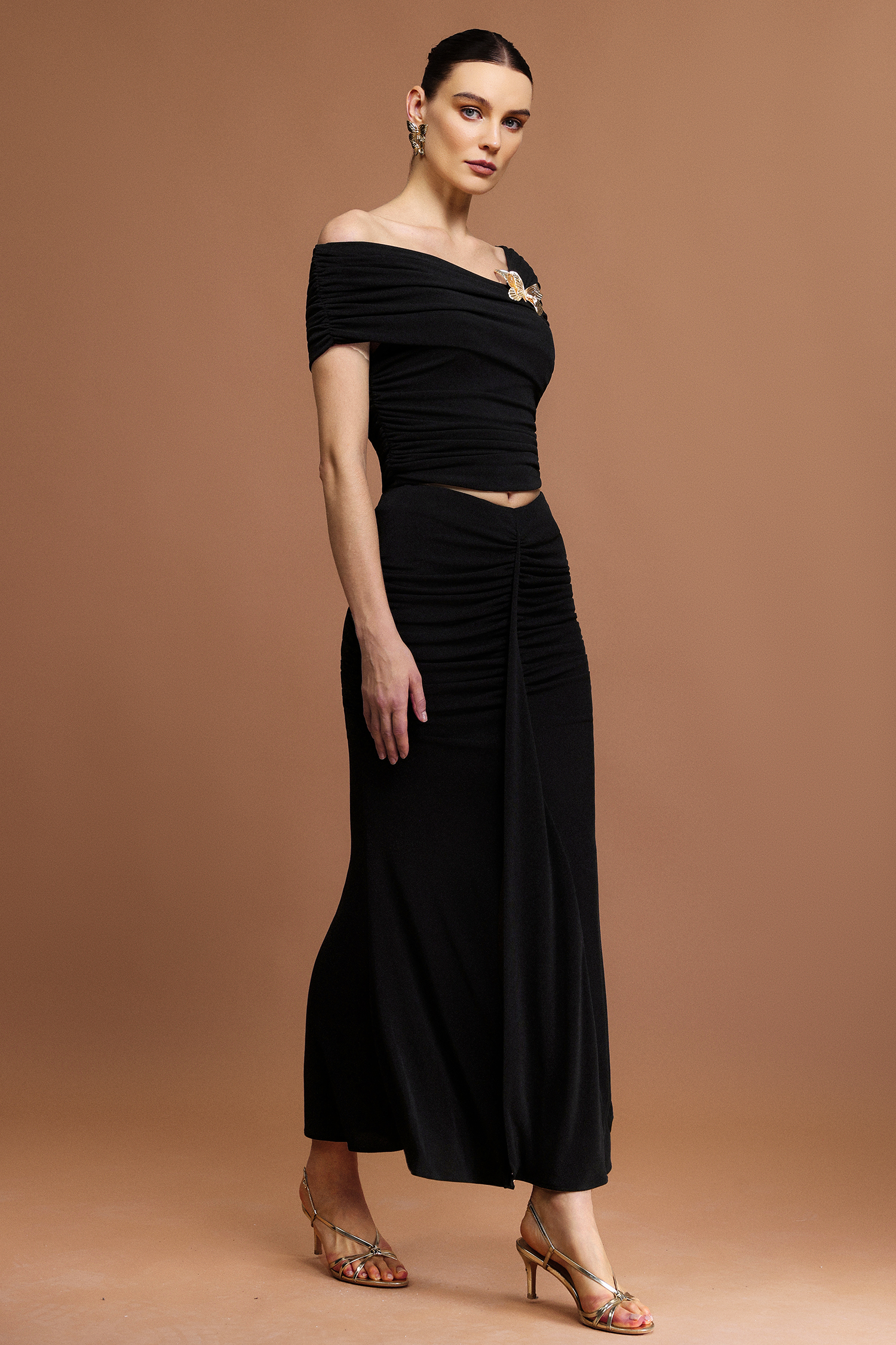 Tris Gold Butterfly Slit Folds Top And Skirt Two-Piece Set