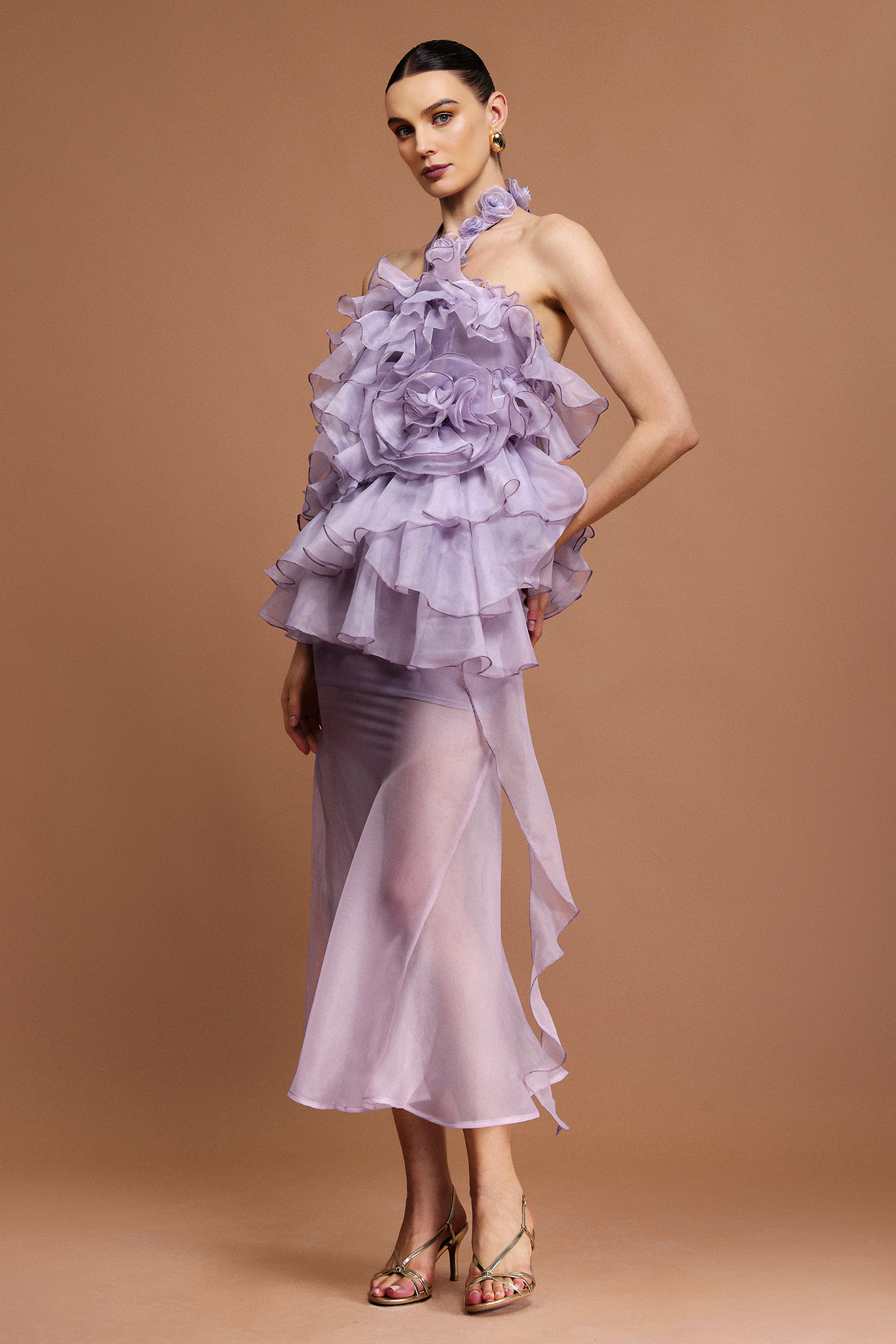 Mocano Sleeveless Flower Folds Top And Skirt Two-Piece Set