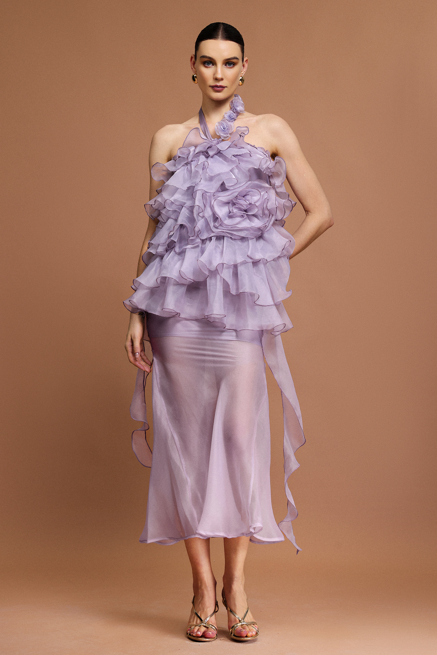 Mocano Sleeveless Flower Folds Top And Skirt Two-Piece Set