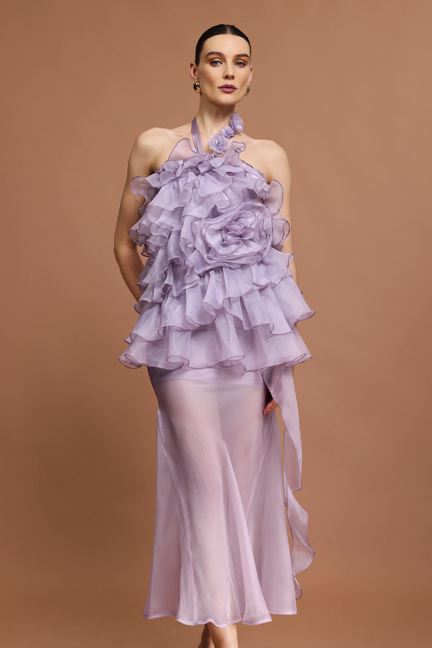 Mocano Sleeveless Flower Folds Top And Skirt Two-Piece Set