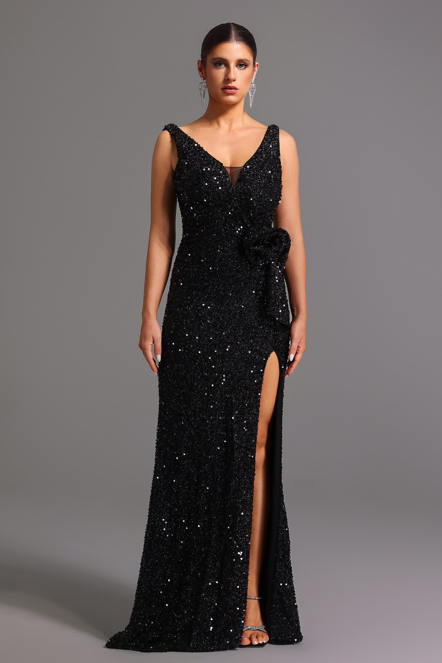 Edie Sleeveless V-Neck Sequin Flowers Maxi Dress