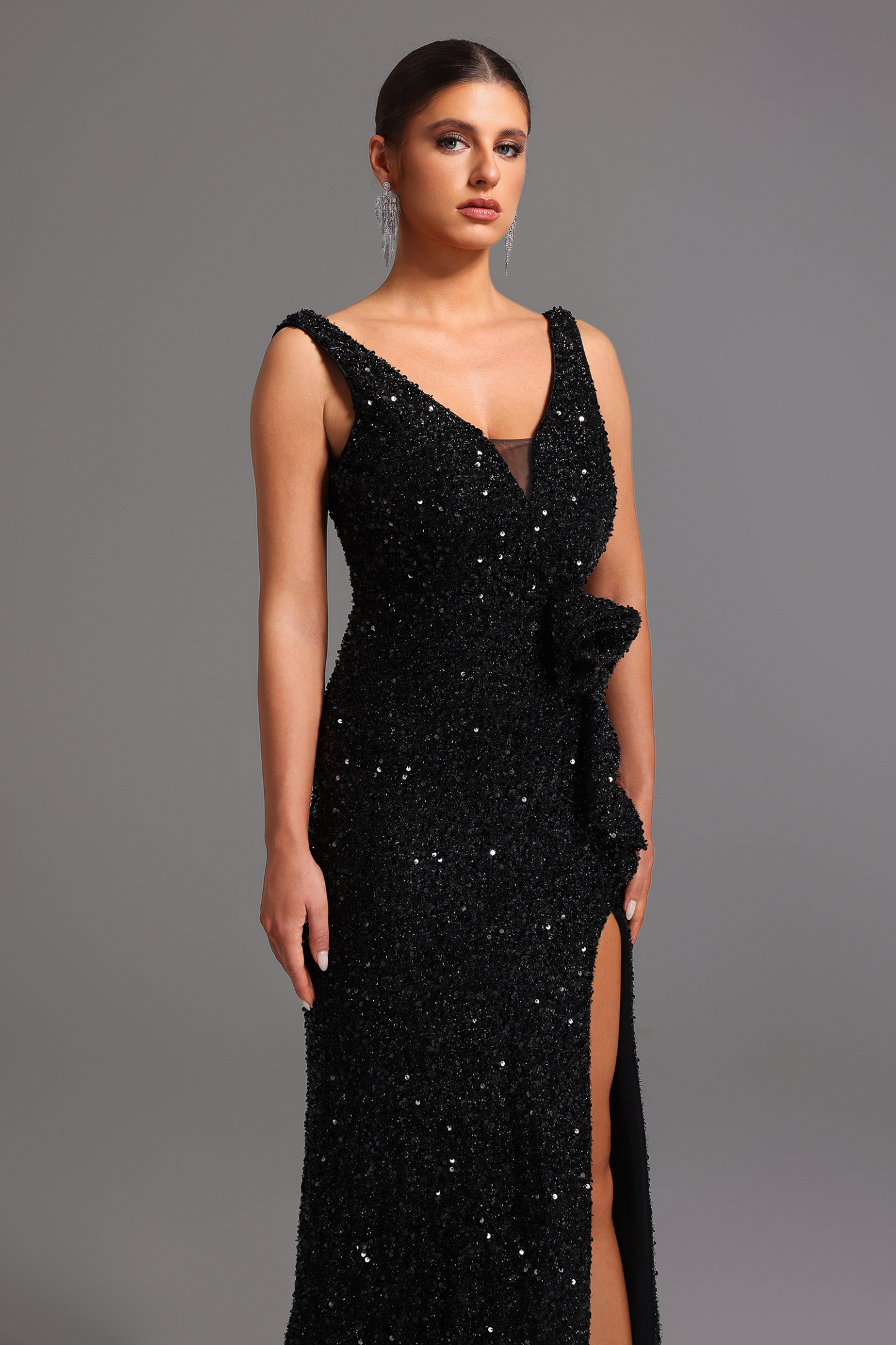 Edie Sleeveless V-Neck Sequin Flowers Maxi Dress