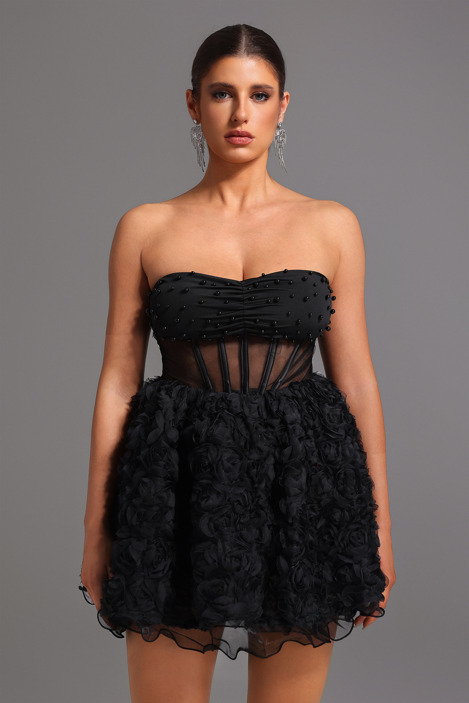 Teray Strapless Flowers Pearls Mini Dress