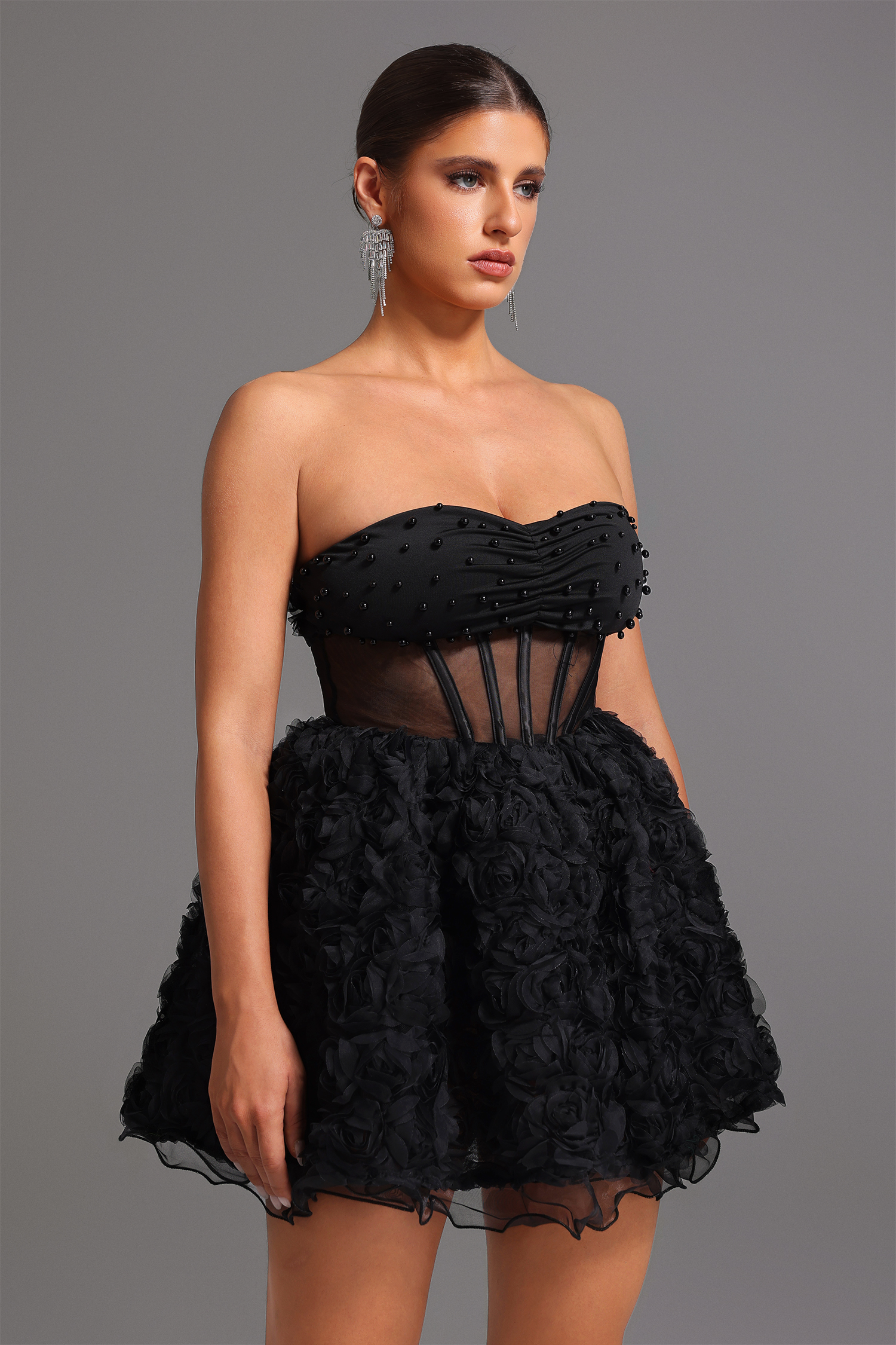Teray Strapless Flowers Pearls Mini Dress