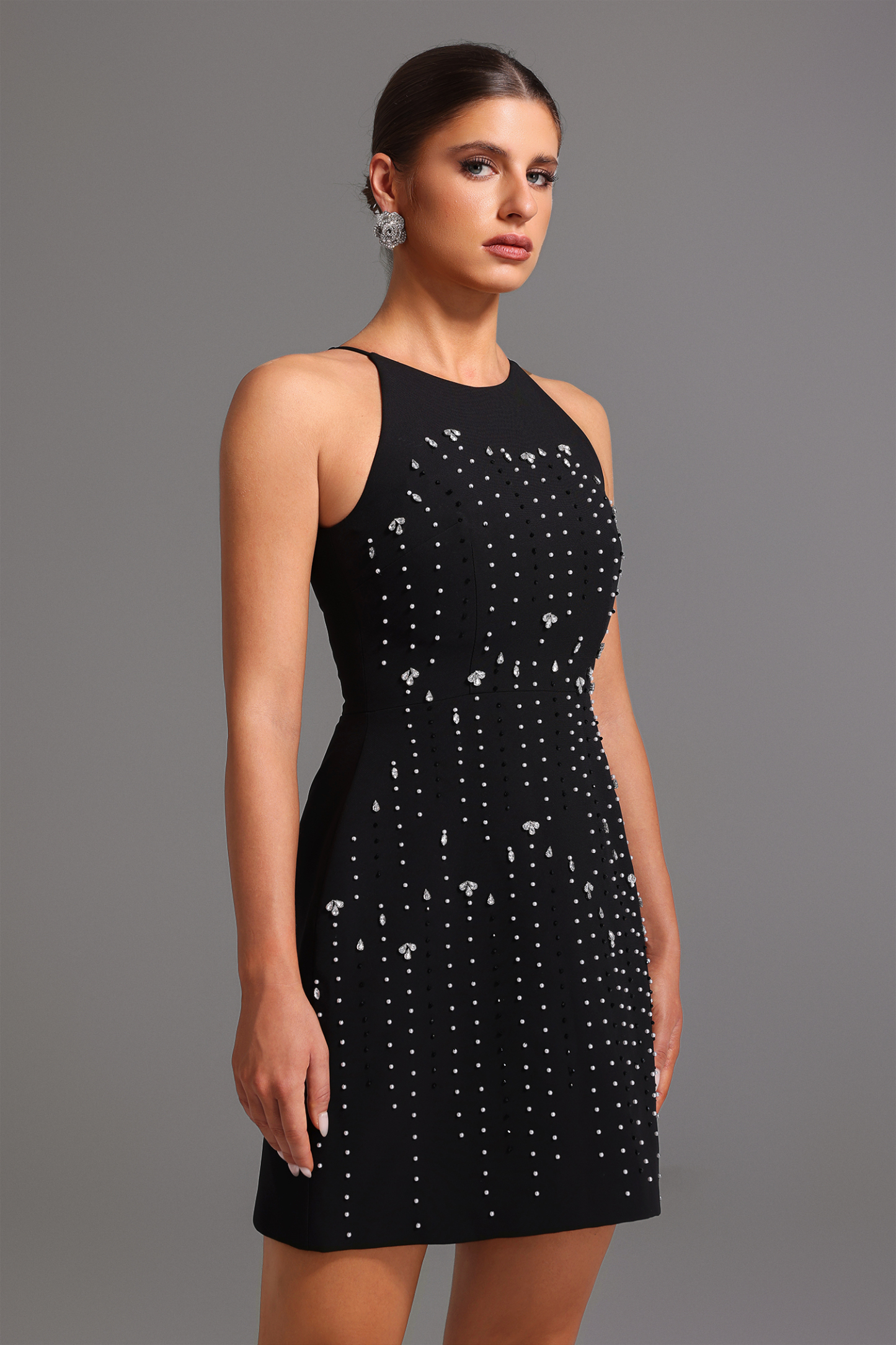 Pako Round Neck Sleeveless Diamond Mini Dress