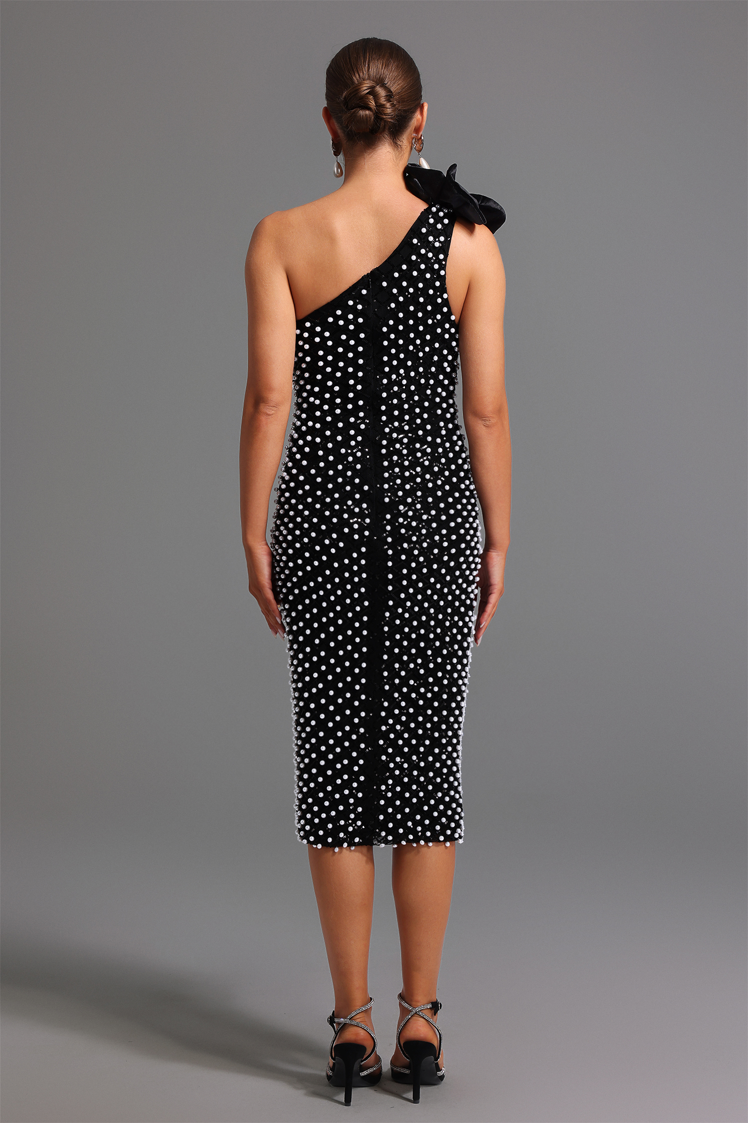 Hollie One Shoulder Flower Diamond Pearls Midi Dress