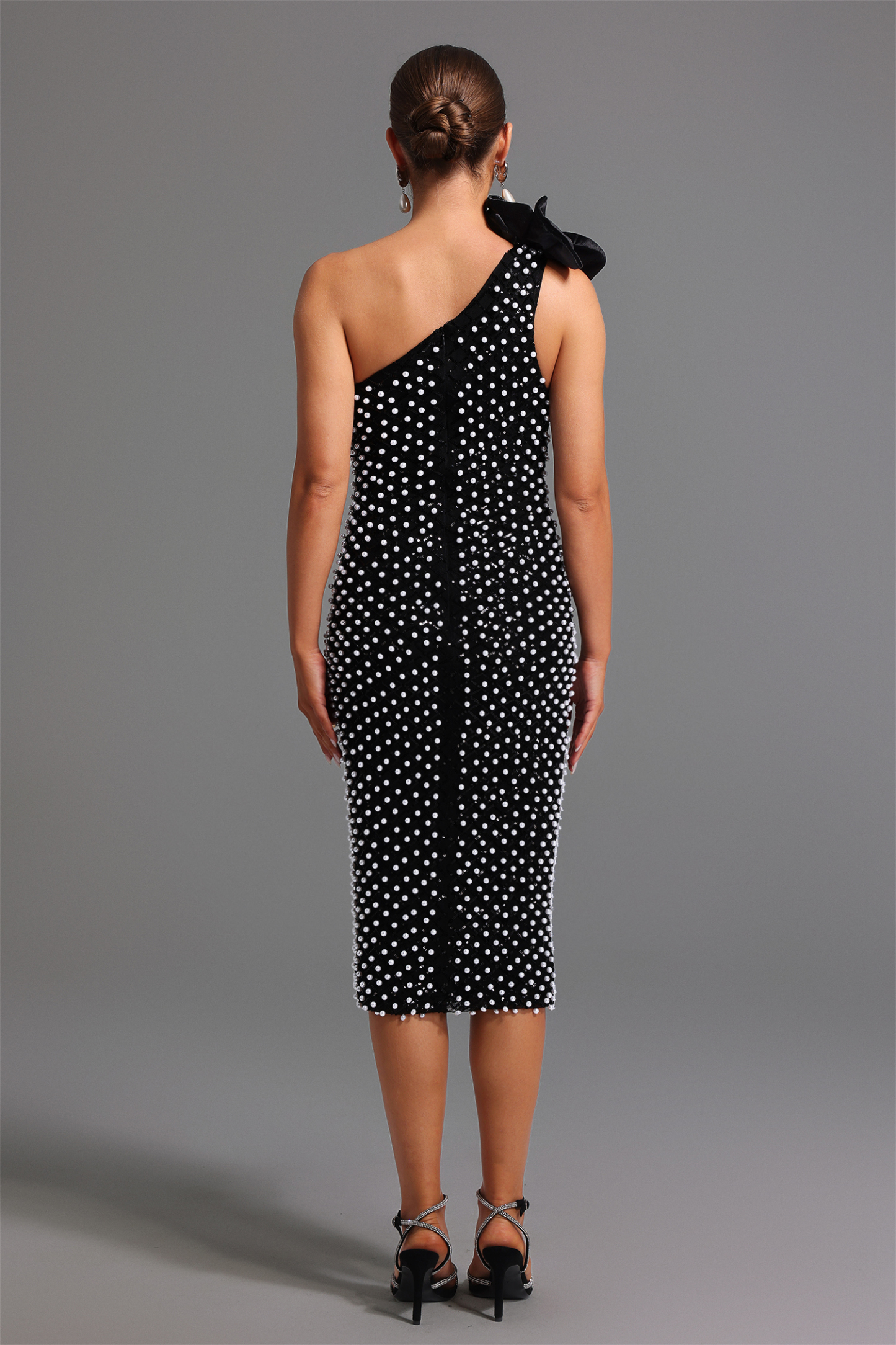 Hollie One Shoulder Flower Diamond Pearls Midi Dress