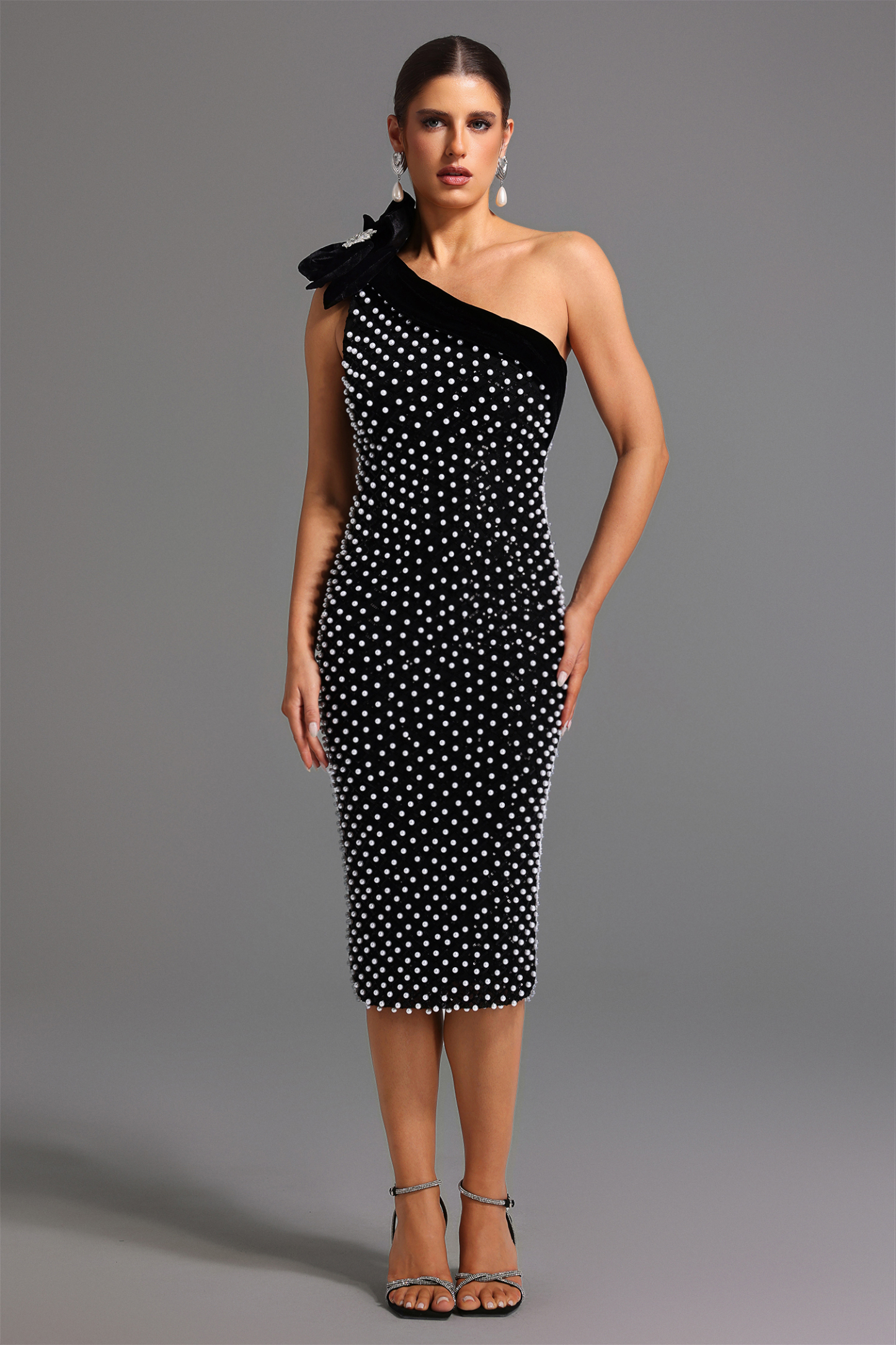Hollie One Shoulder Flower Diamond Pearls Midi Dress