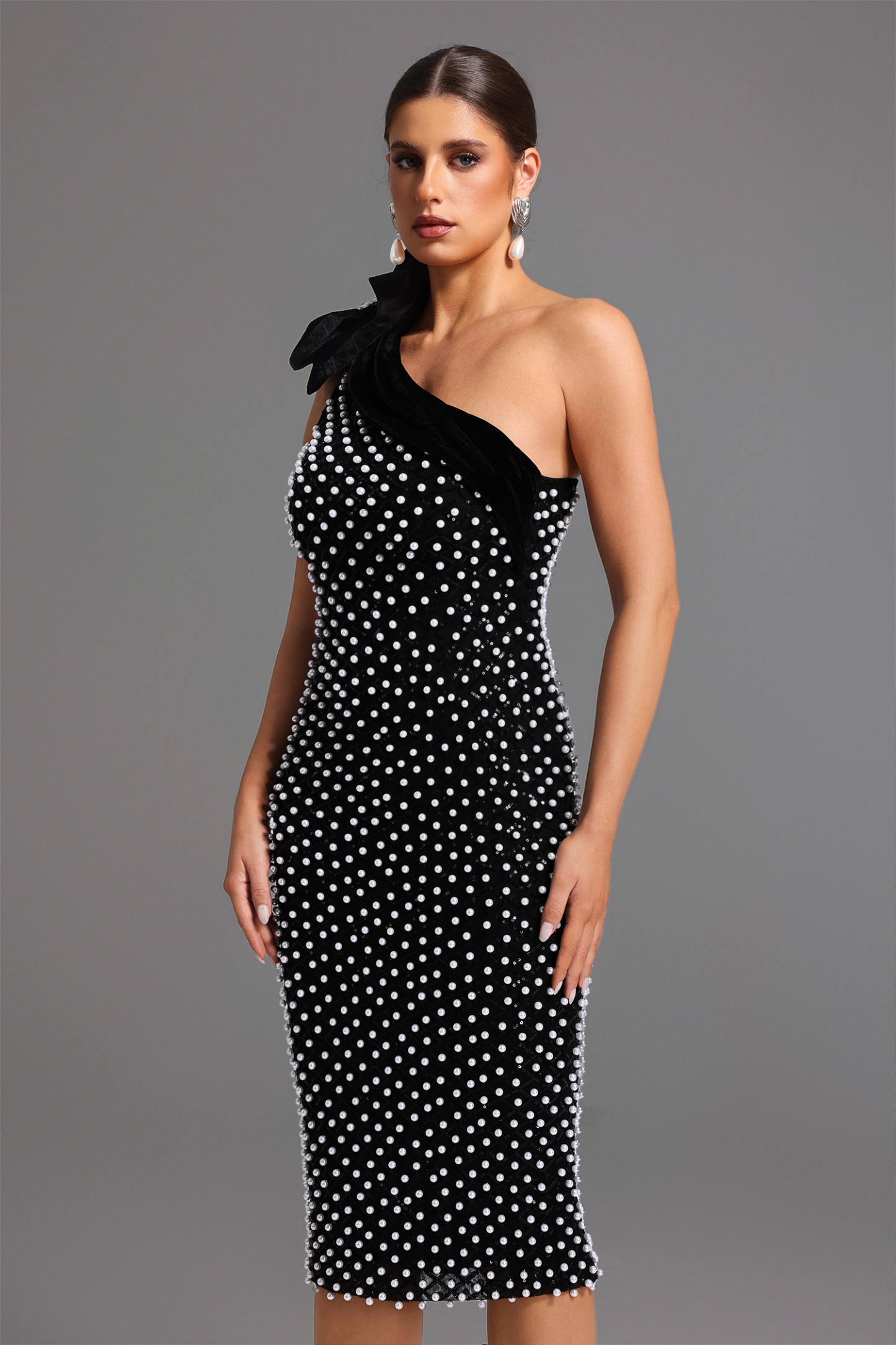 Hollie One Shoulder Flower Diamond Pearls Midi Dress