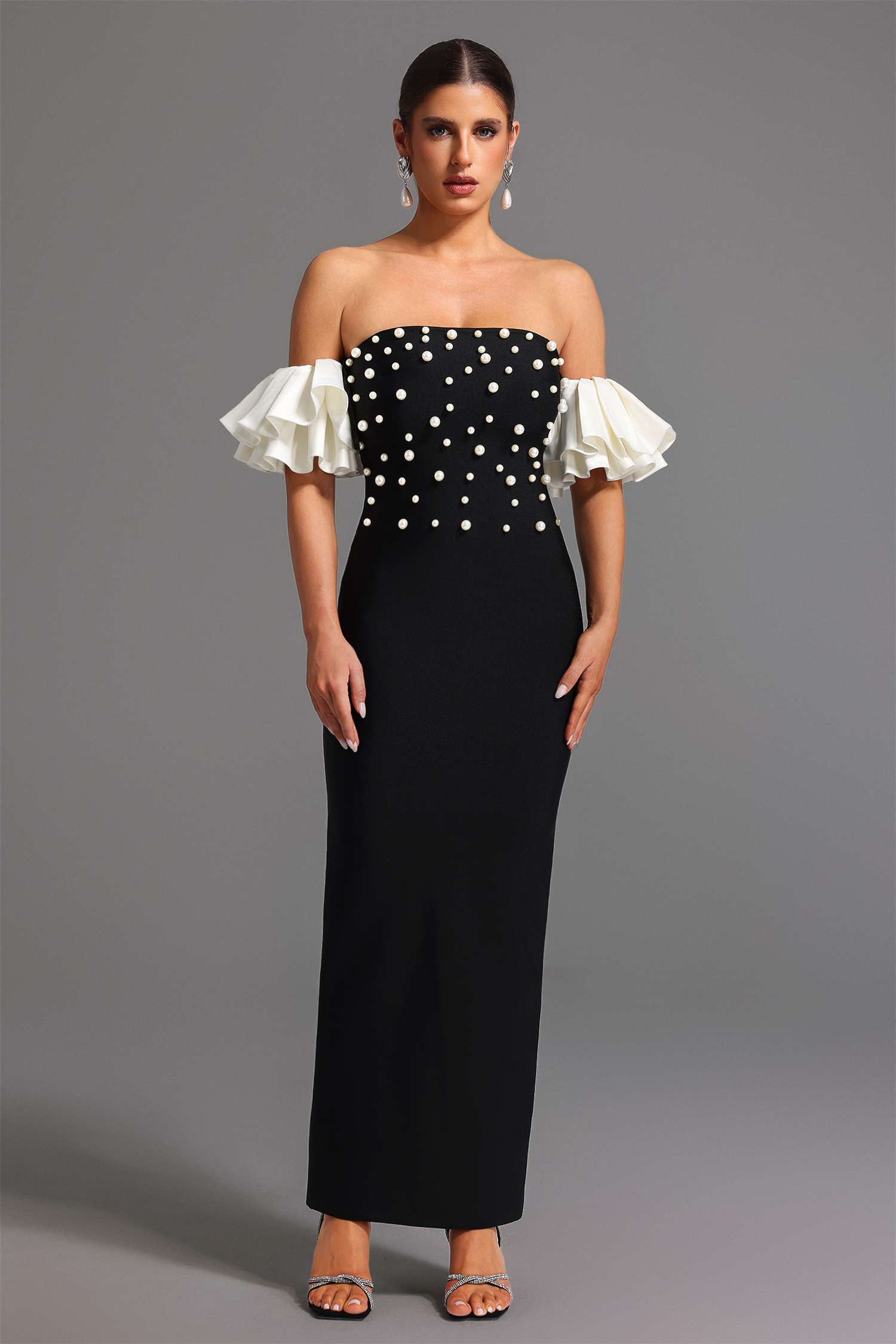 Mako Bandage Strapless Pearls Maxi Dress