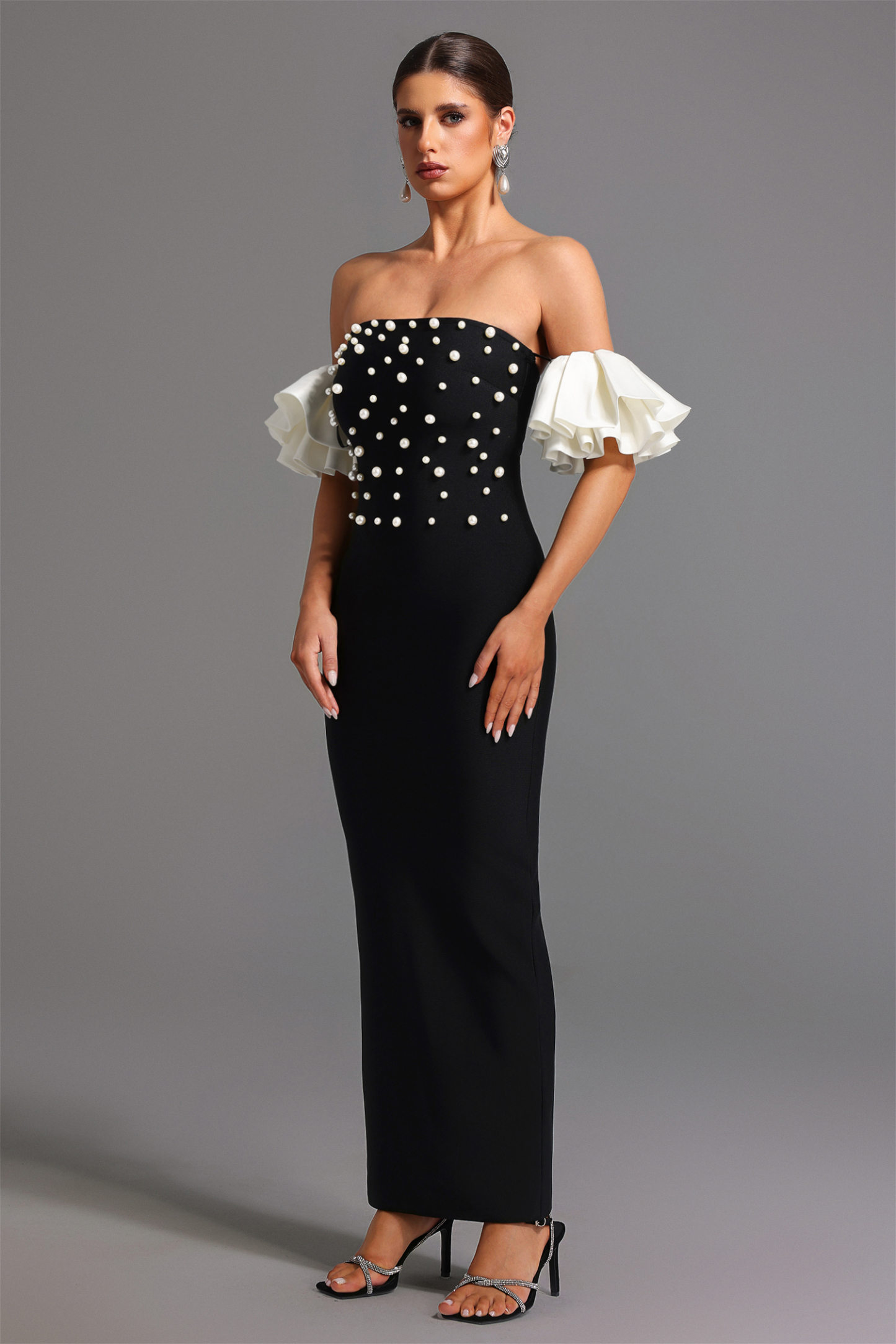 Mako Bandage Strapless Pearls Maxi Dress