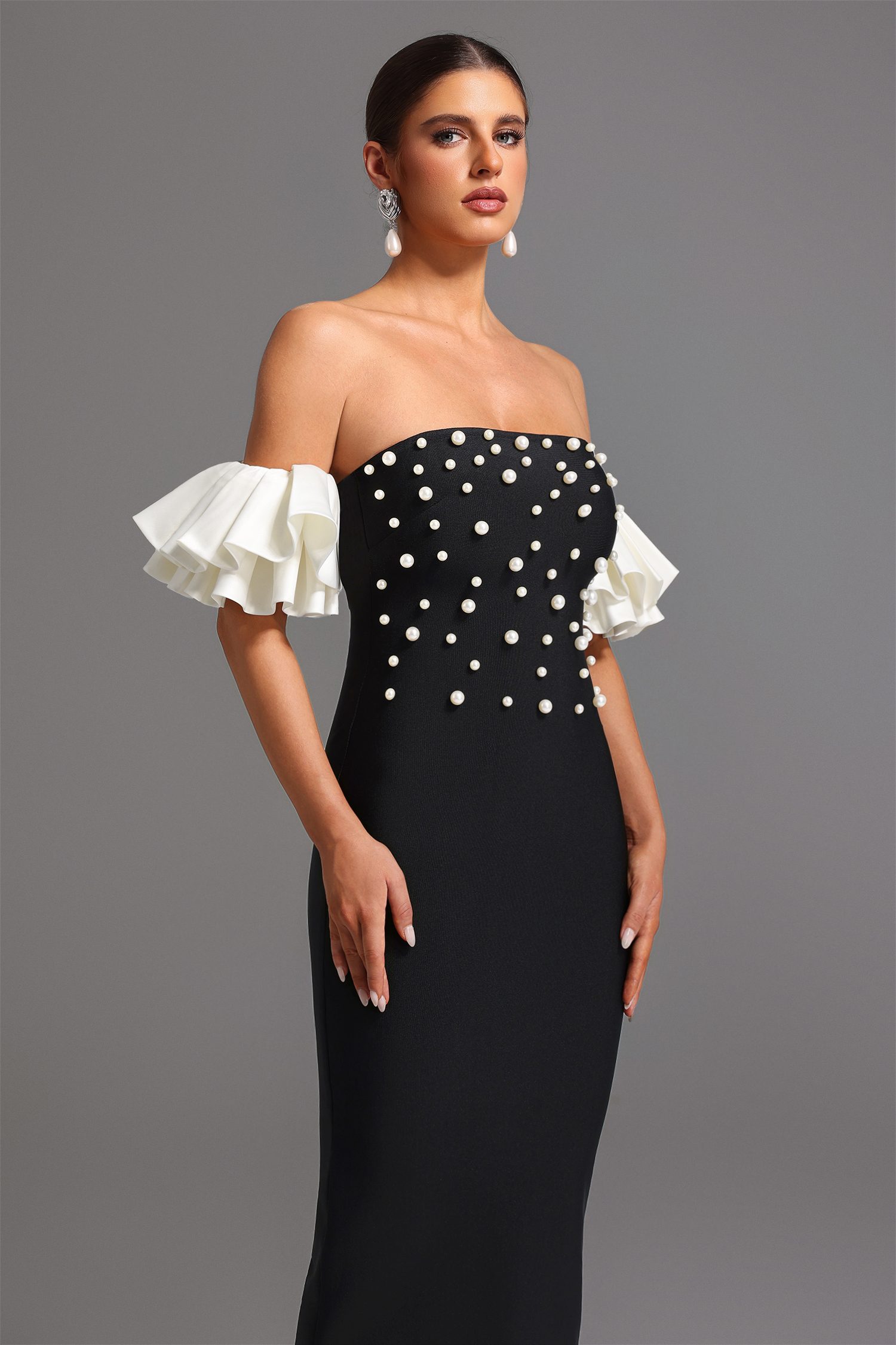 Mako Bandage Strapless Pearls Maxi Dress