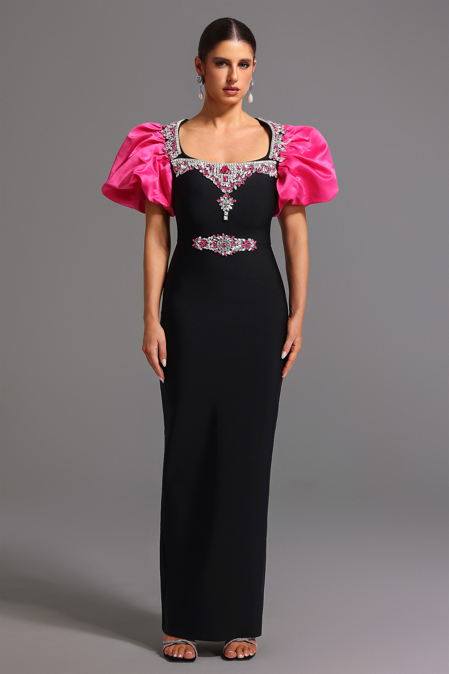 Pull Bandage Short Sleeves Square Collar Diamond Maxi Dress