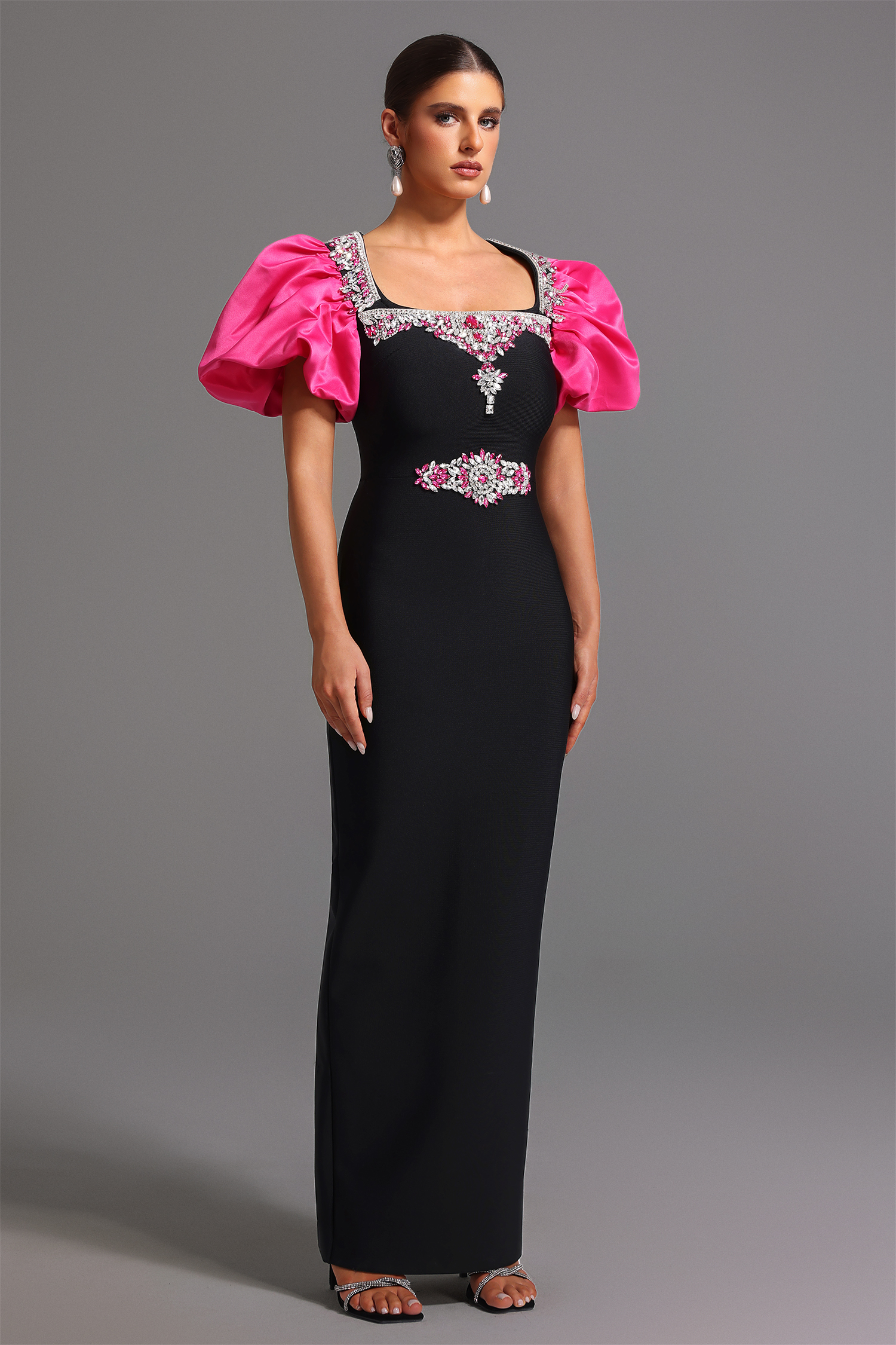 Pull Bandage Short Sleeves Square Collar Diamond Maxi Dress