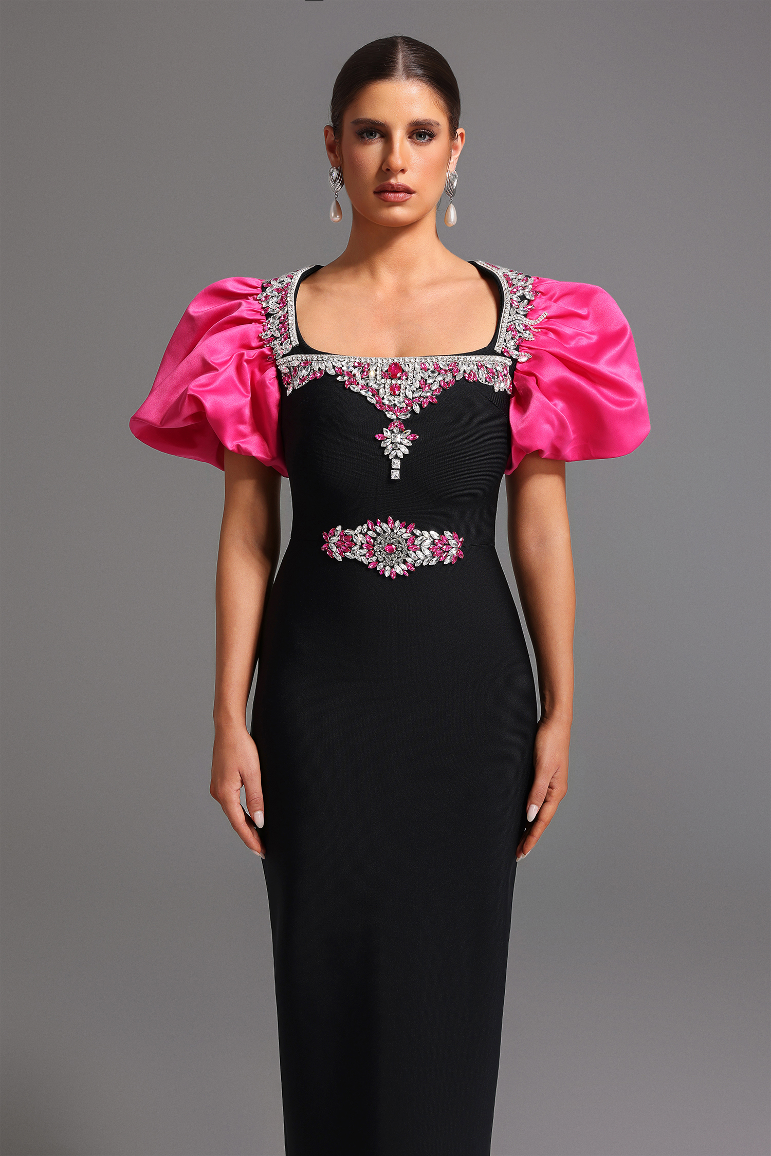 Pull Bandage Short Sleeves Square Collar Diamond Maxi Dress