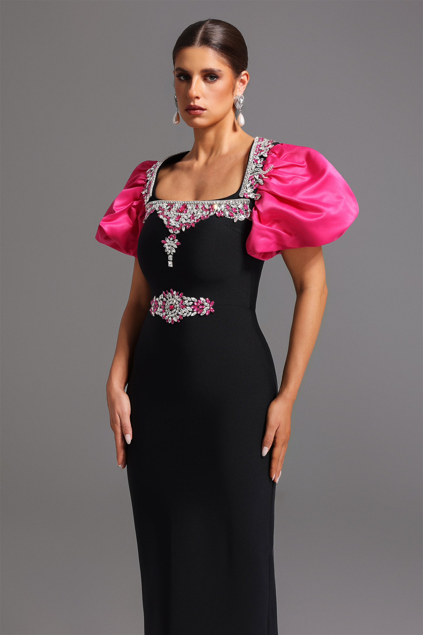 Pull Bandage Short Sleeves Square Collar Diamond Maxi Dress