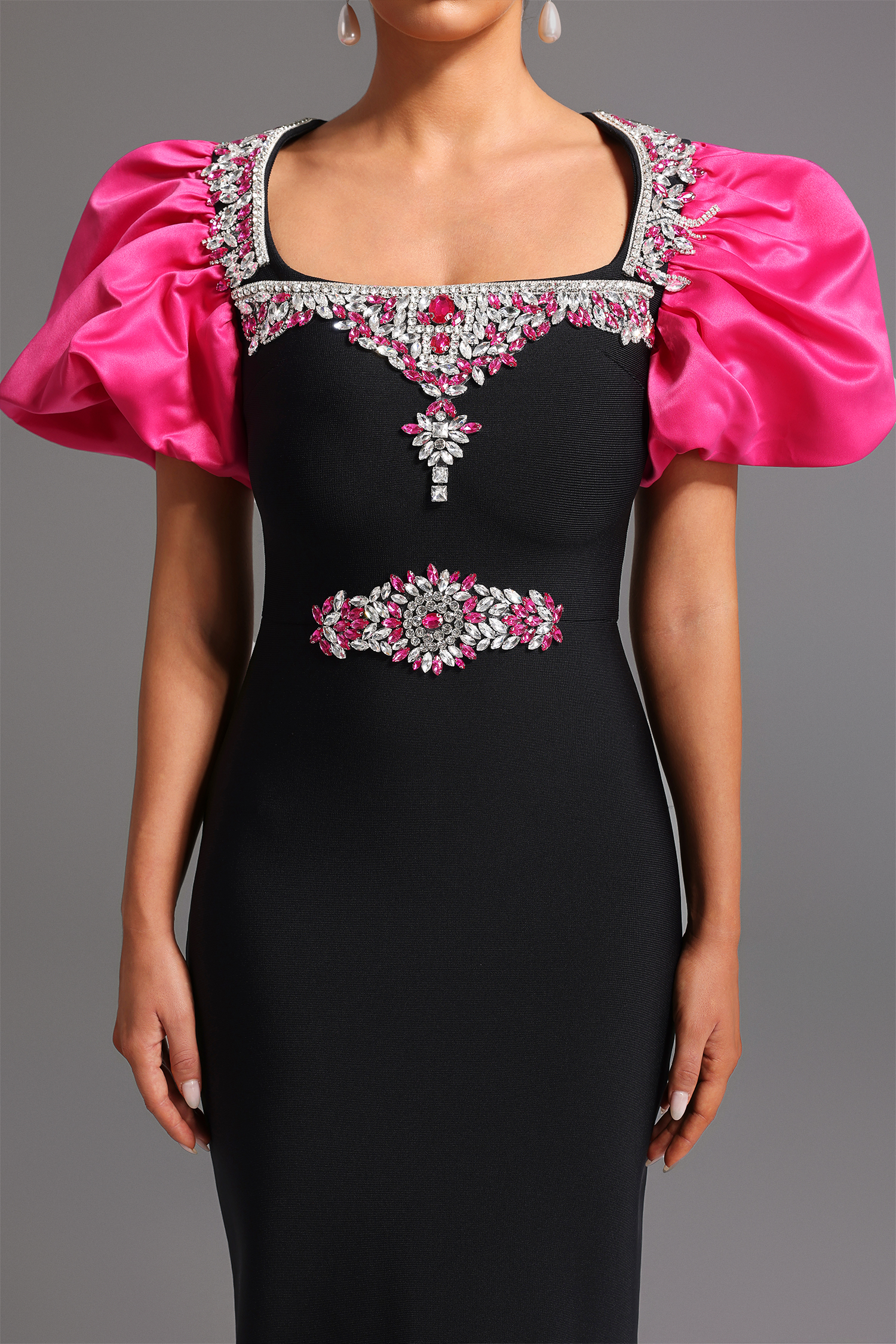 Pull Bandage Short Sleeves Square Collar Diamond Maxi Dress