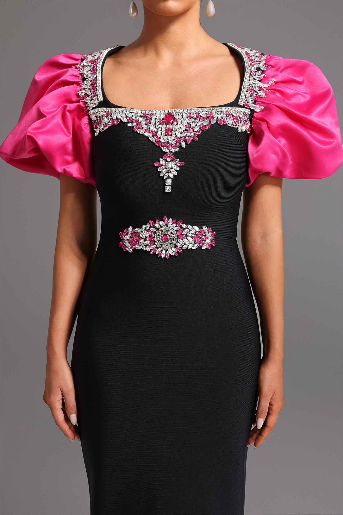 Pull Bandage Short Sleeves Square Collar Diamond Maxi Dress