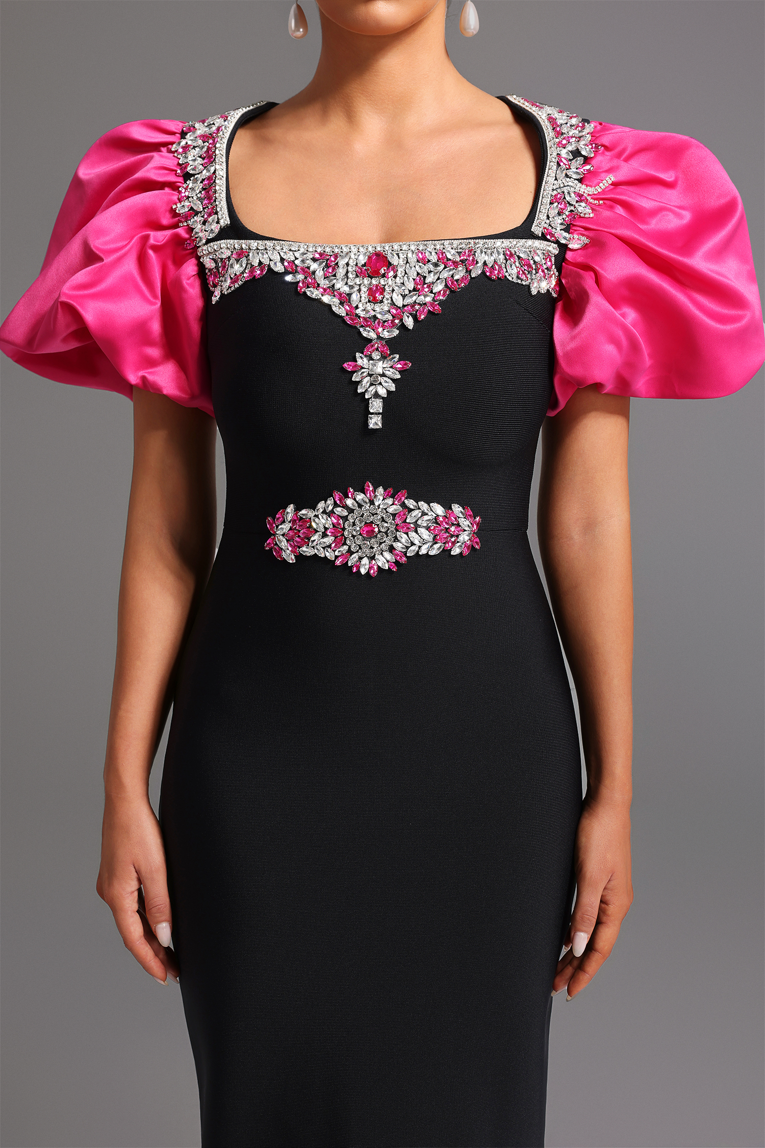 Pull Bandage Short Sleeves Square Collar Diamond Maxi Dress