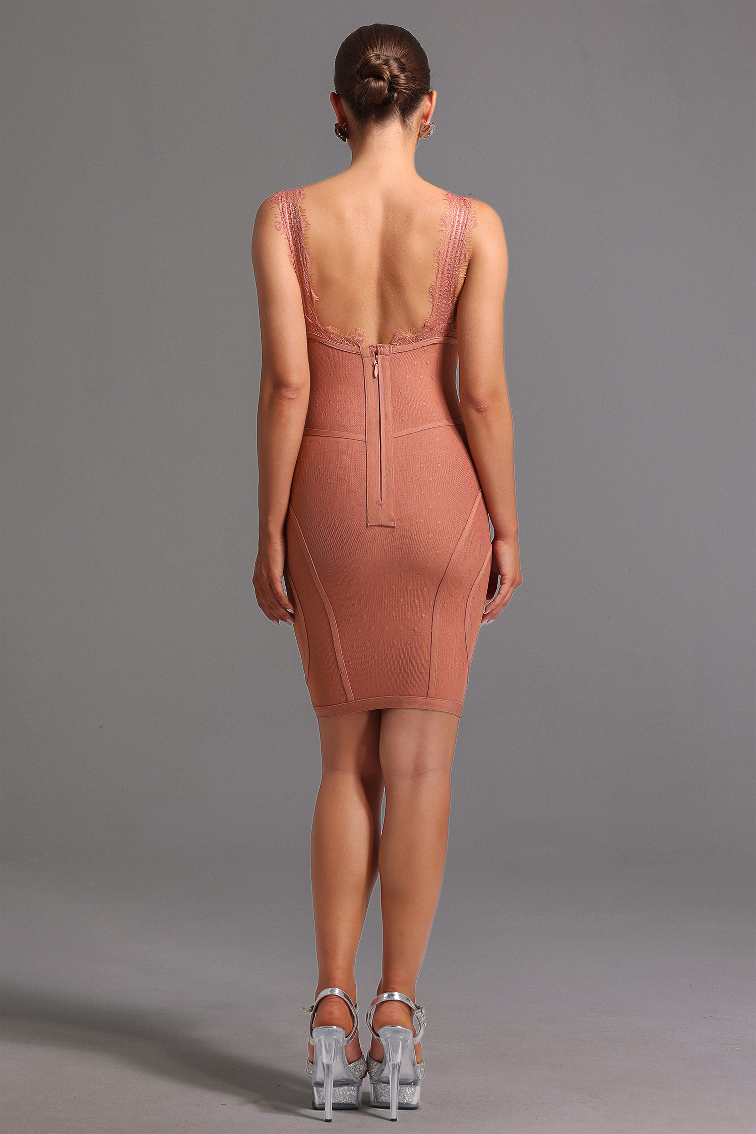 Lionce Bandage Sleeveless V Neck Lace Mini Dress