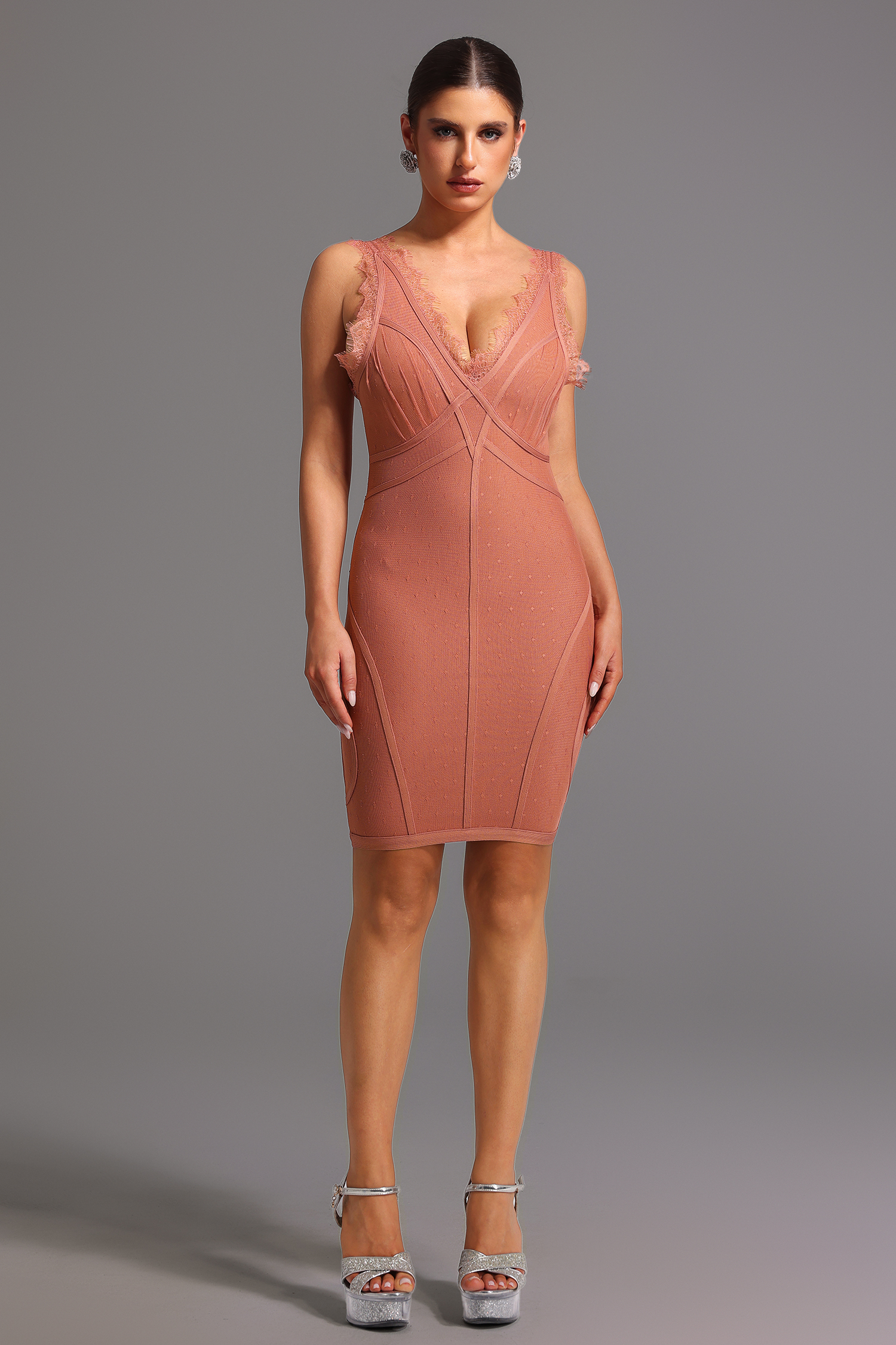 Lionce Bandage Sleeveless V Neck Lace Mini Dress