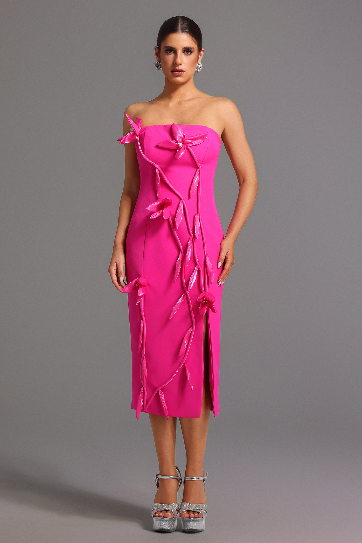 Xaviera Strapless Flowers Slit Midi Dress