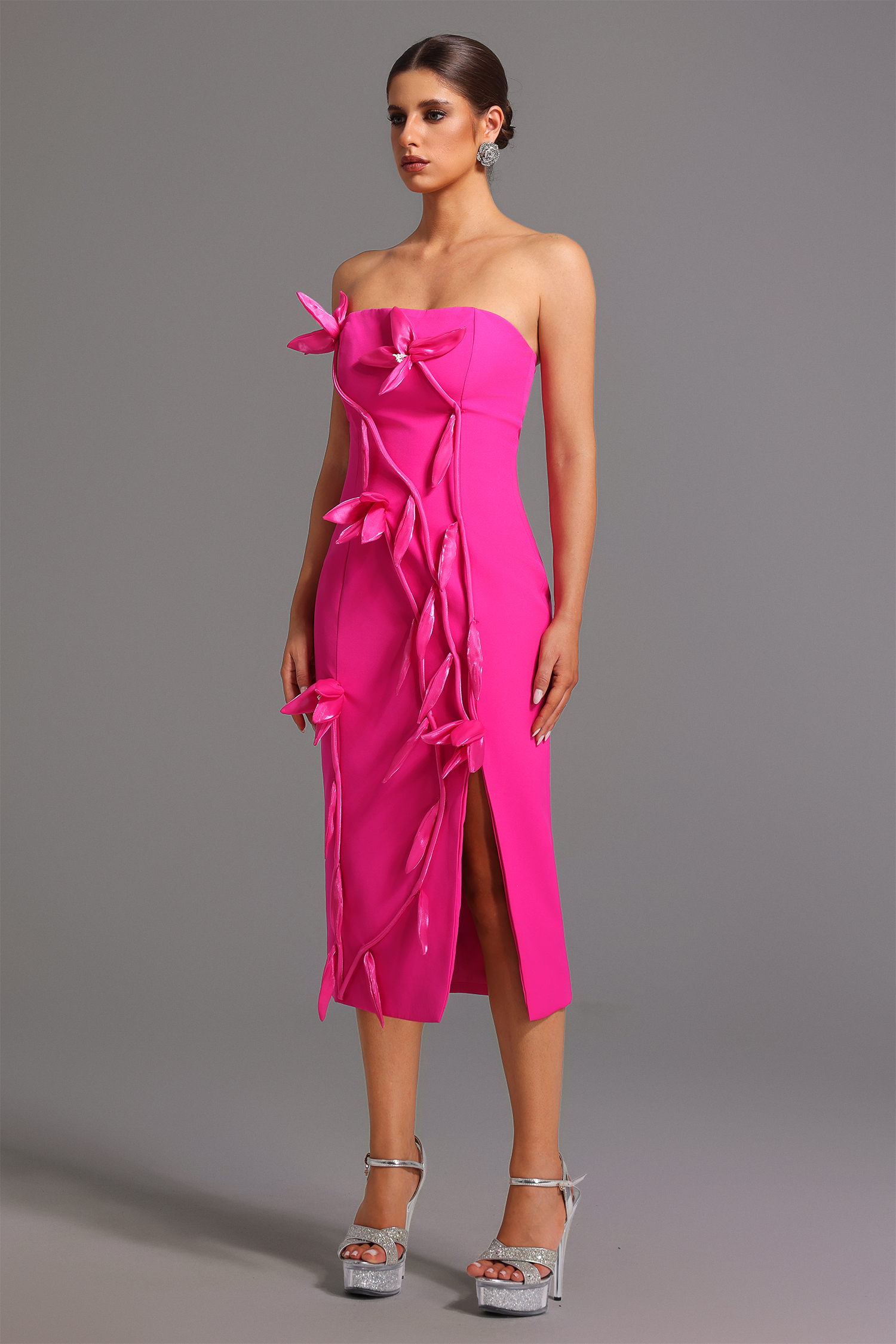 Xaviera Strapless Flowers Slit Midi Dress