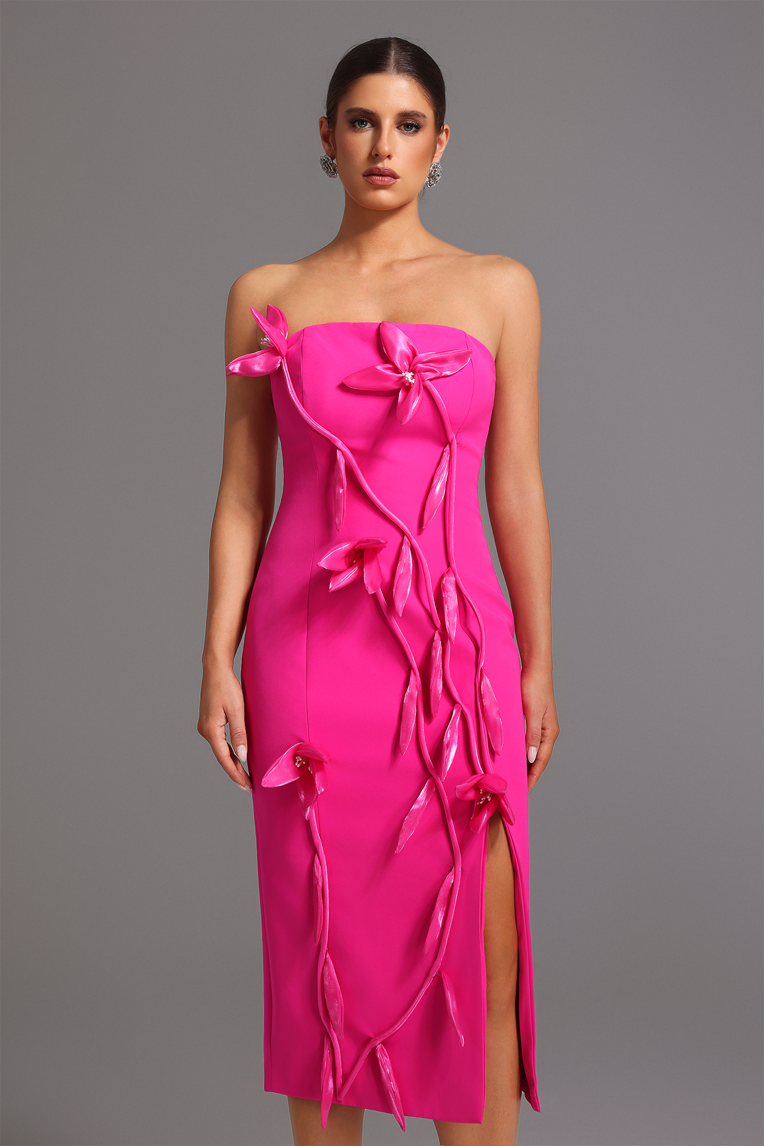 Xaviera Strapless Flowers Slit Midi Dress
