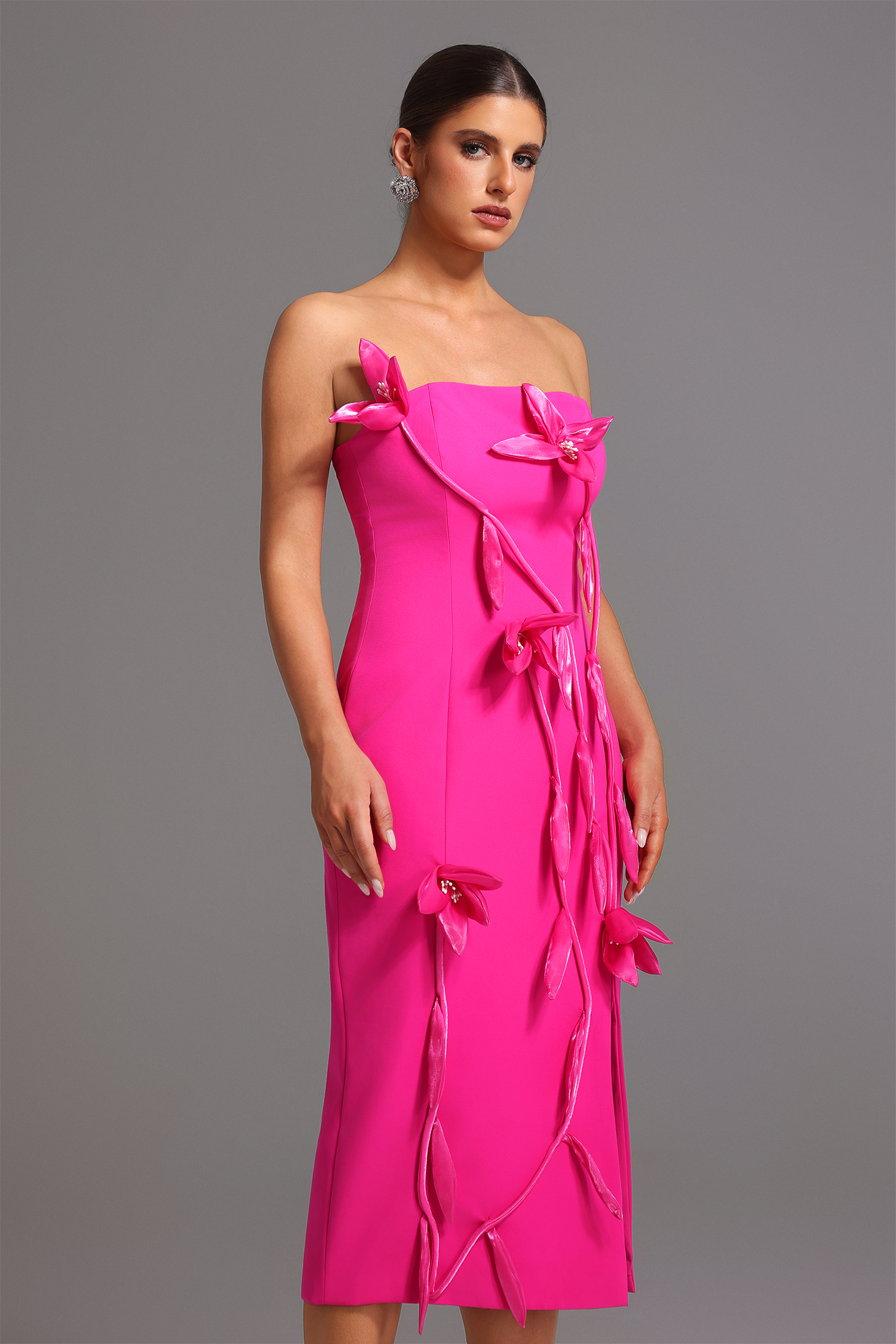 Xaviera Strapless Flowers Slit Midi Dress