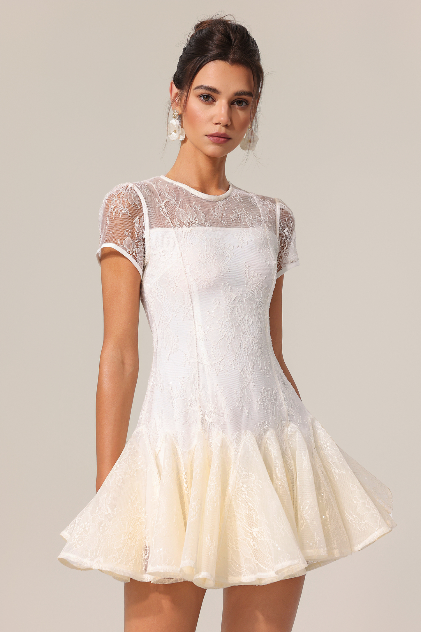 Rakel Round Neck Short Sleeves Jacquard Folds Mini Dress