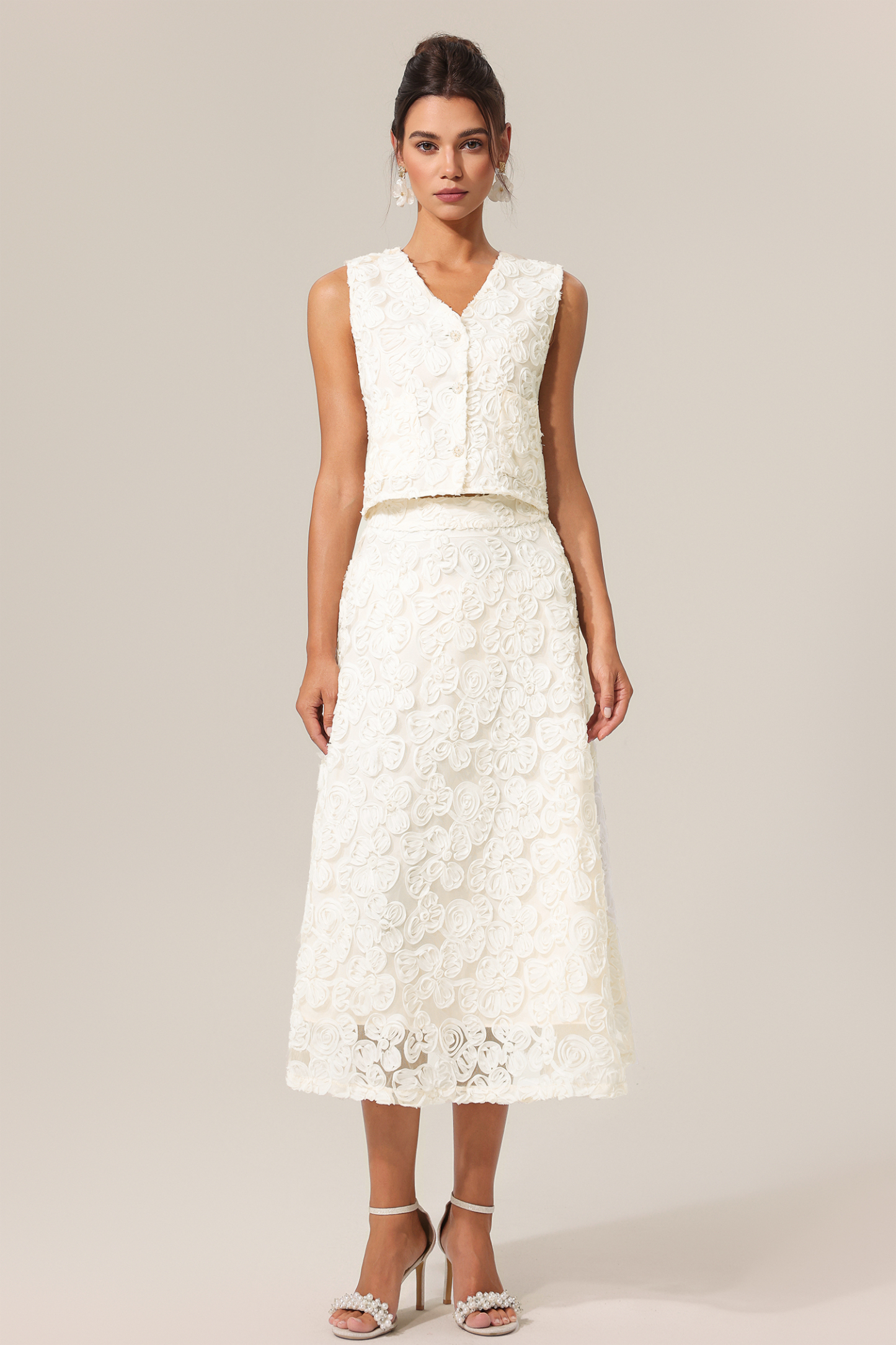 Johanne V-Neck Sleeveless Flowers Top And Skirt Two-Piece Set