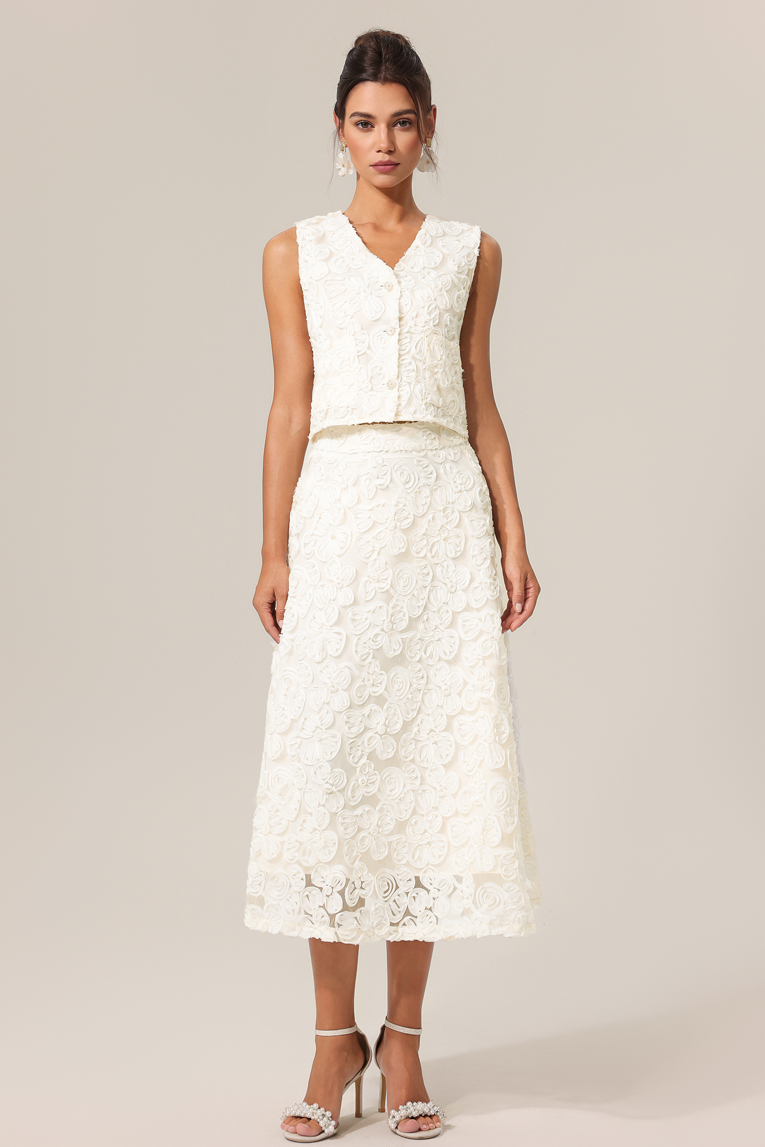 Johanne V-Neck Sleeveless Flowers Top And Skirt Two-Piece Set